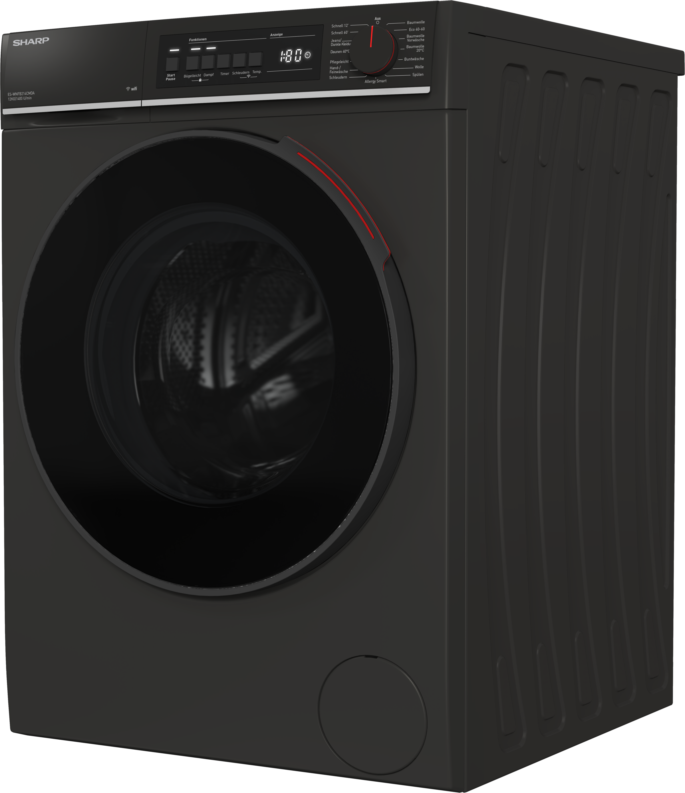 Sharp Waschmaschine Mid Class »ES-WNFB214CMDA-DE«, 12 kg, 1400 U/min, 12kg / +WIFI / A-20% / black Doorring+knob/Steam/
Mat Black
