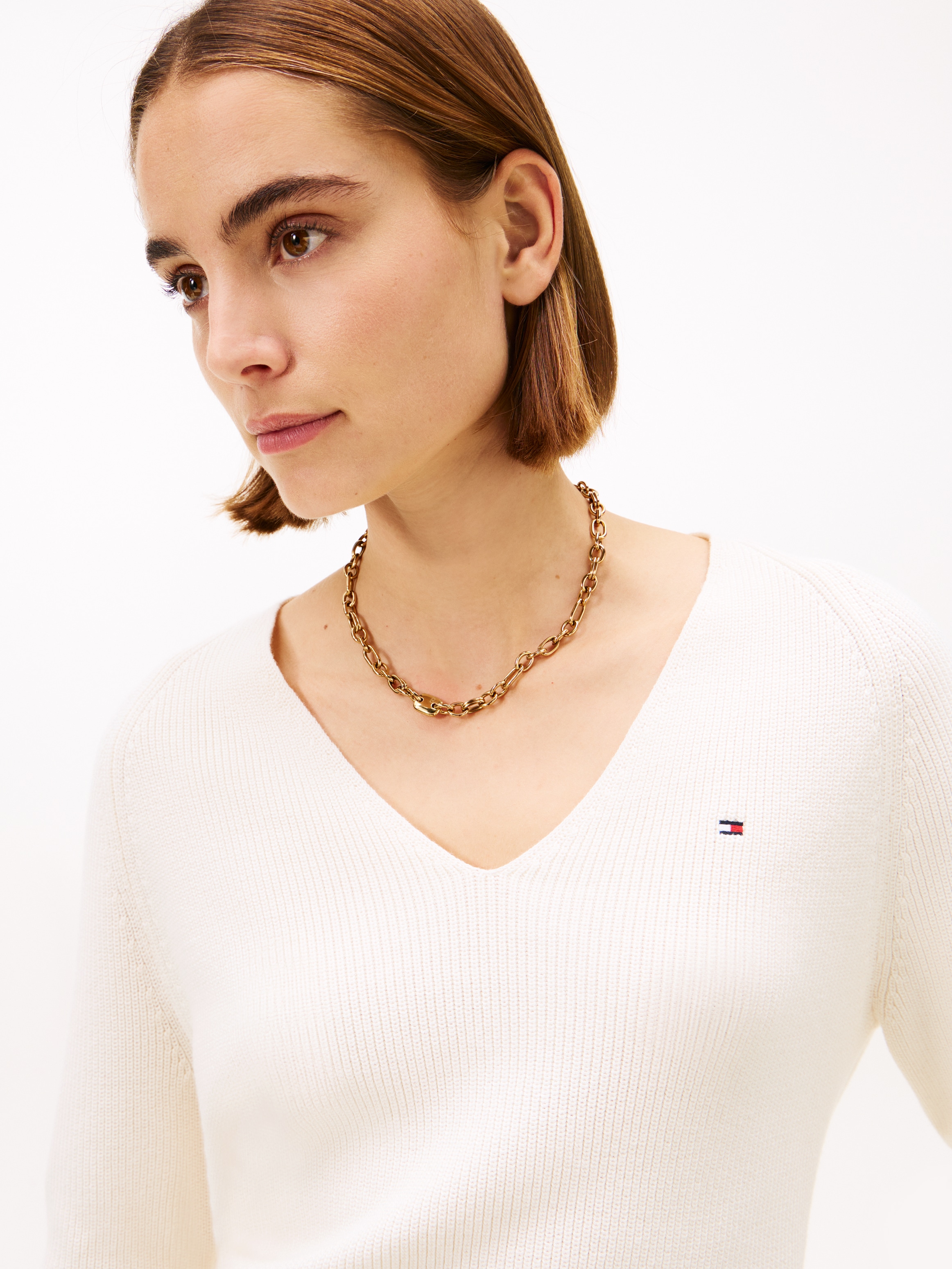 Tommy Hilfiger Strickpullover »CO CARDI STITCH V-NK LS« mit Logostickerei