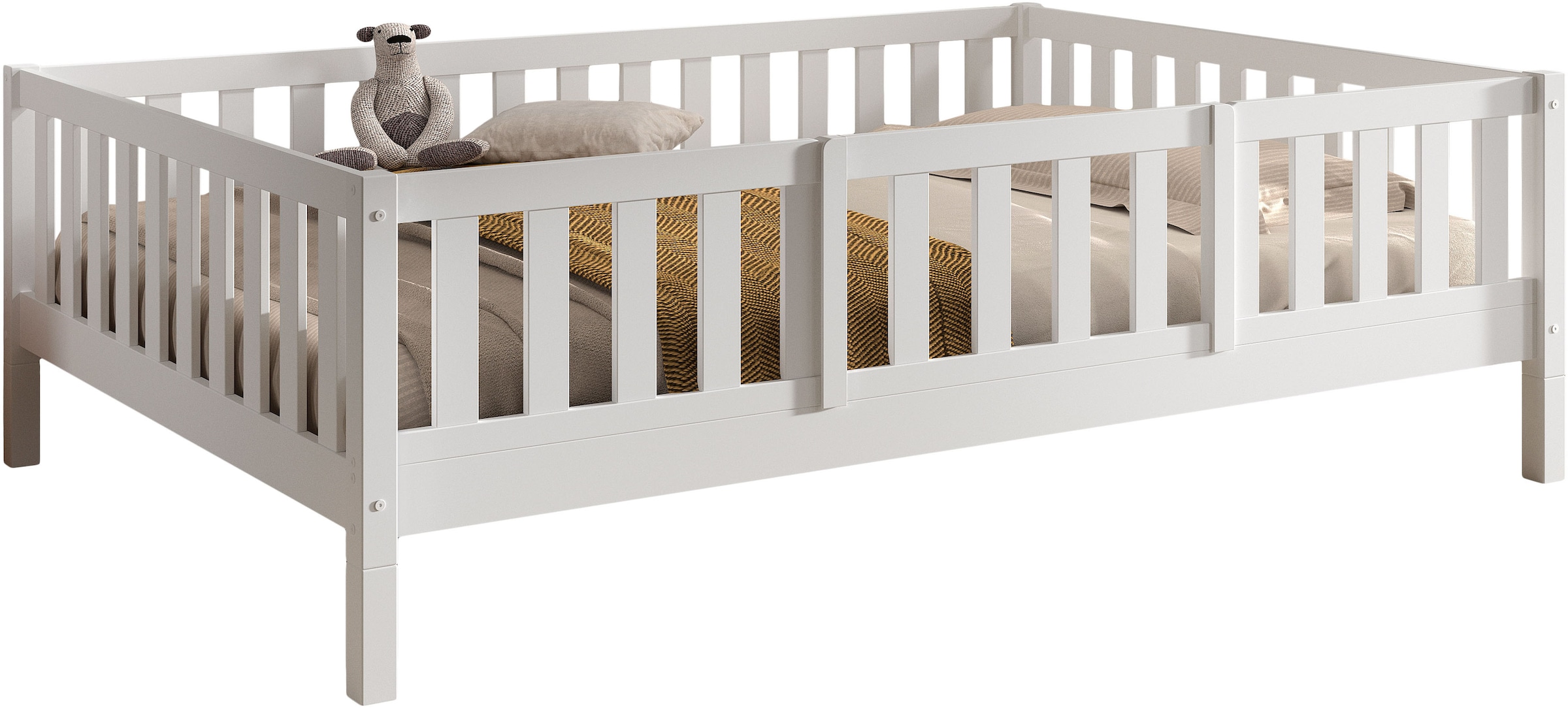 Vipack "Dallas Massiv Bett mit Rausfallschutz umbaubar vom Boden- zum Daybett" mit Bettschublade, wahlweise Kiefer massiv natur oder weiß