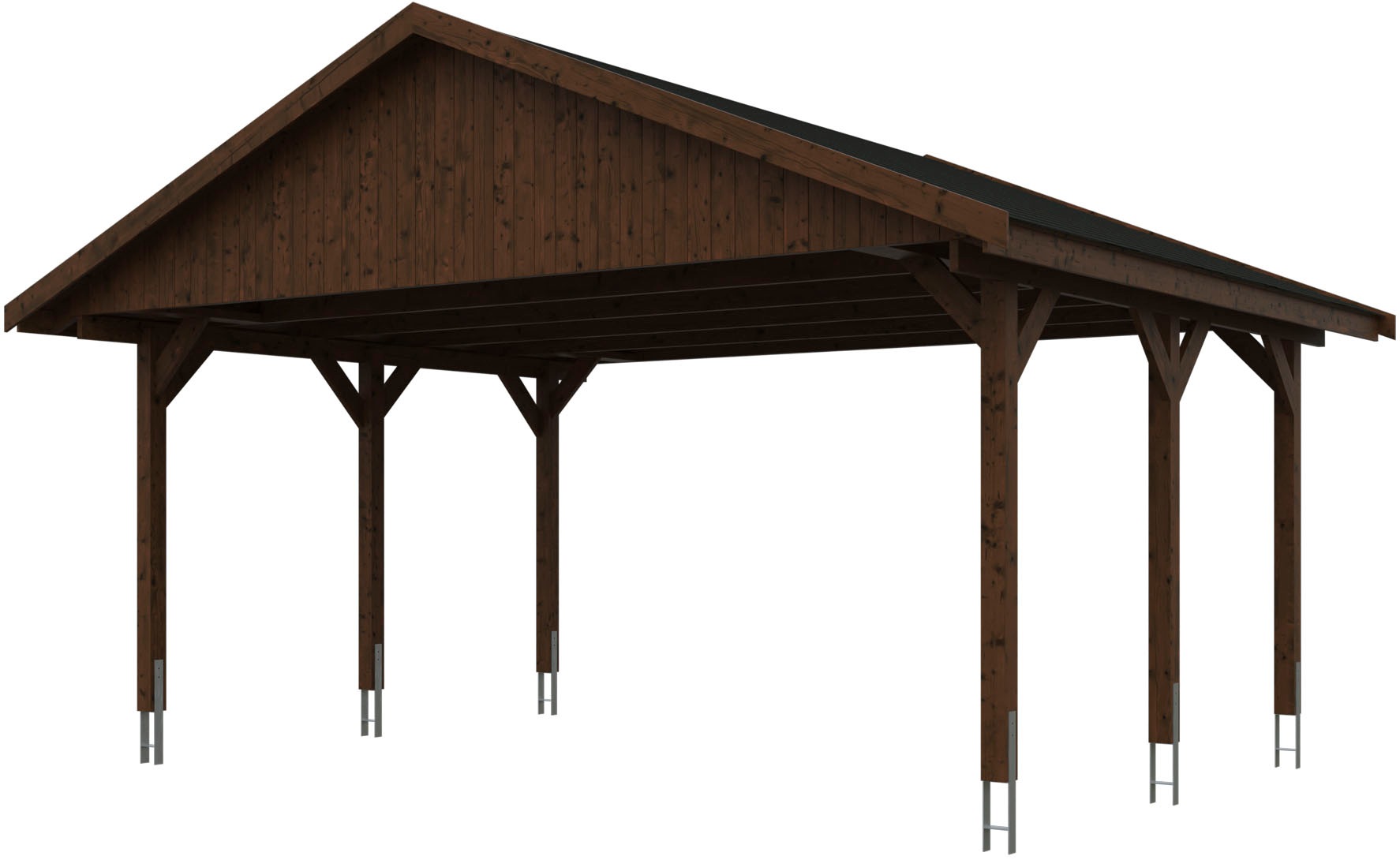 Skanholz Doppelcarport "Wallgau", Nadelholz, 530 cm, Nussbaum, mit schwarzen Dachschindeln