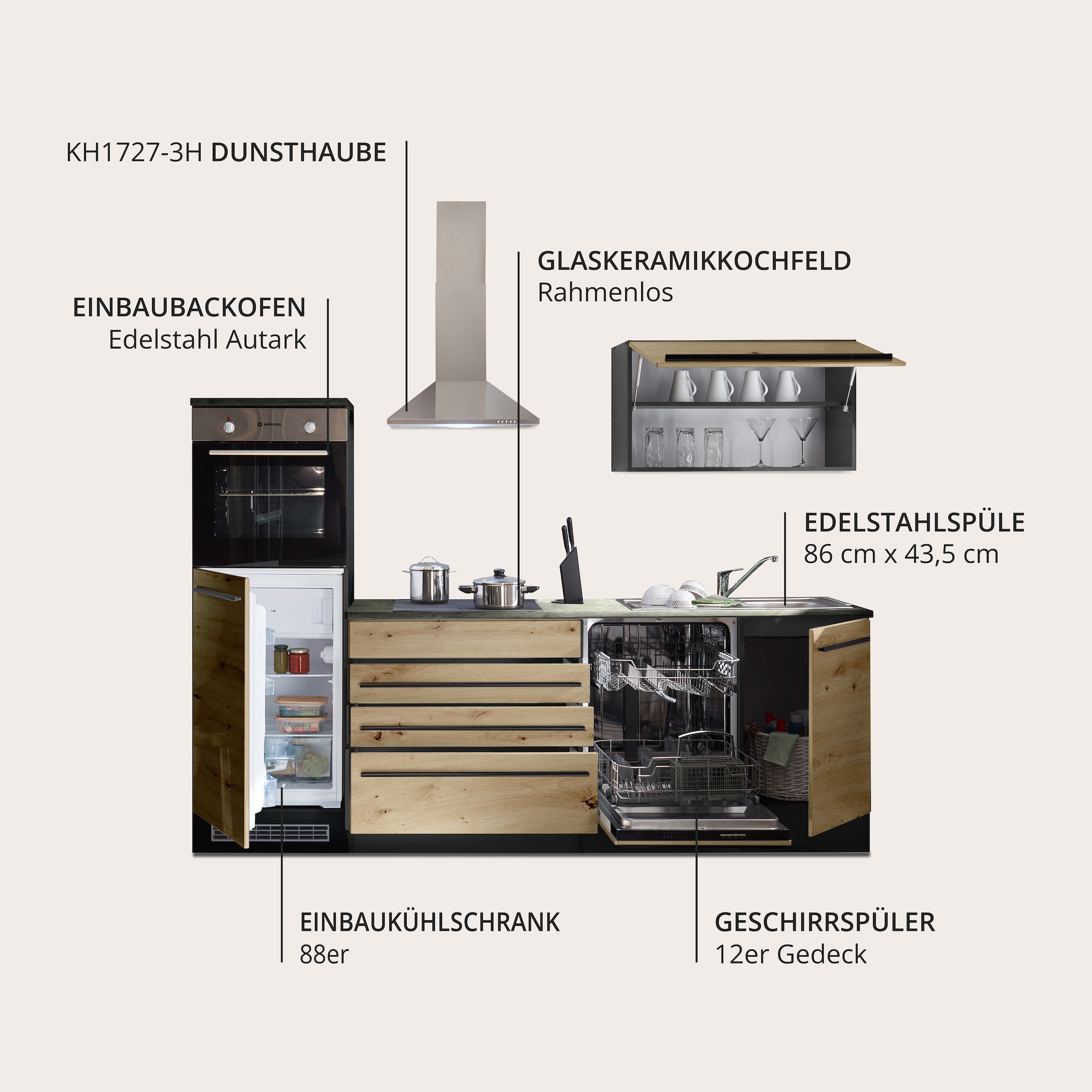 BASIC by Balculina Küchenzeile »Jazz«, Breite 260 cm, wahlweise mit E-Geräten