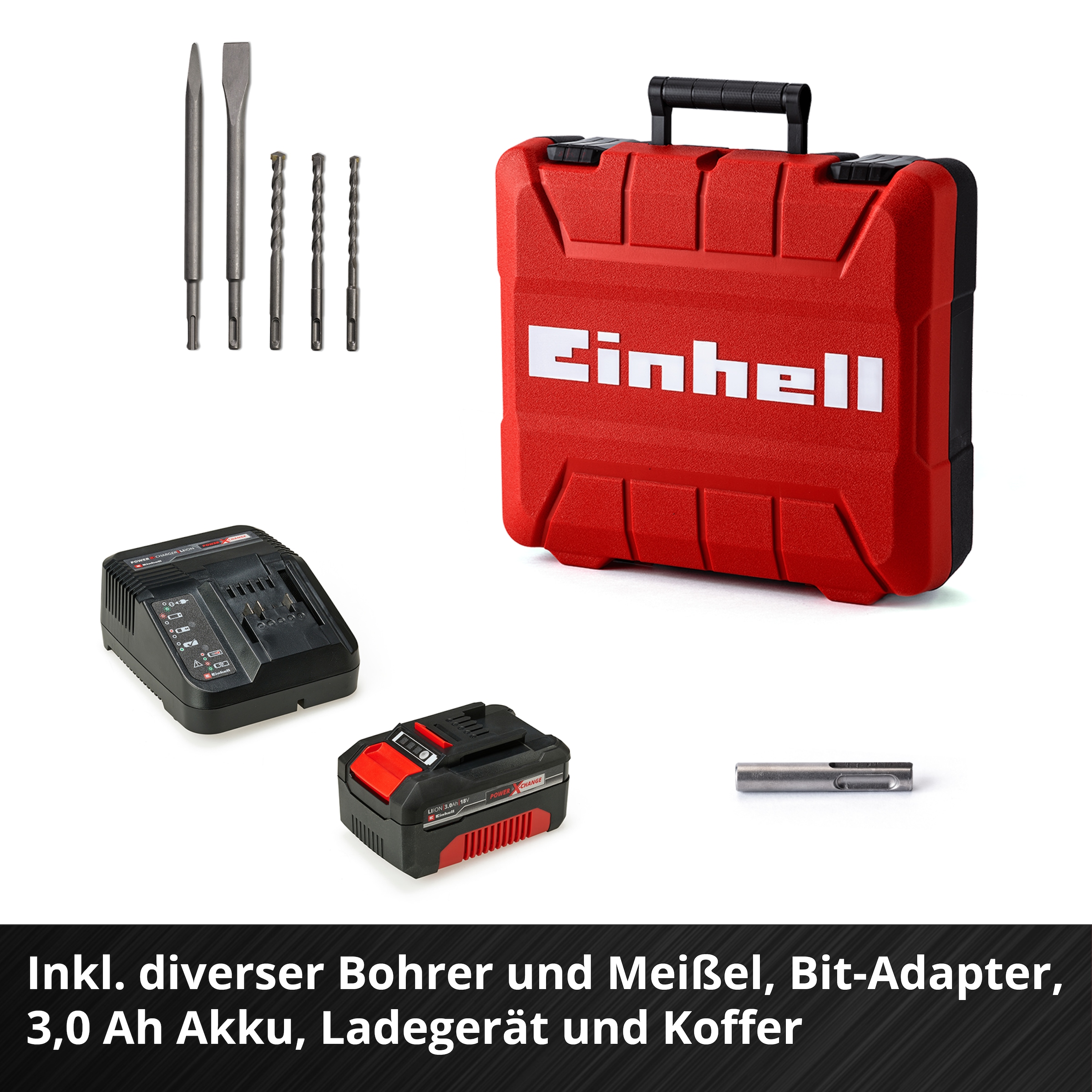 Einhell Akku-Bohrhammer »HEROCCO Kit +5«, Inkl. Akku 18V/3Ah, Ladegerät, Bit- Adapter, Bohrer, Meißel und Koffer