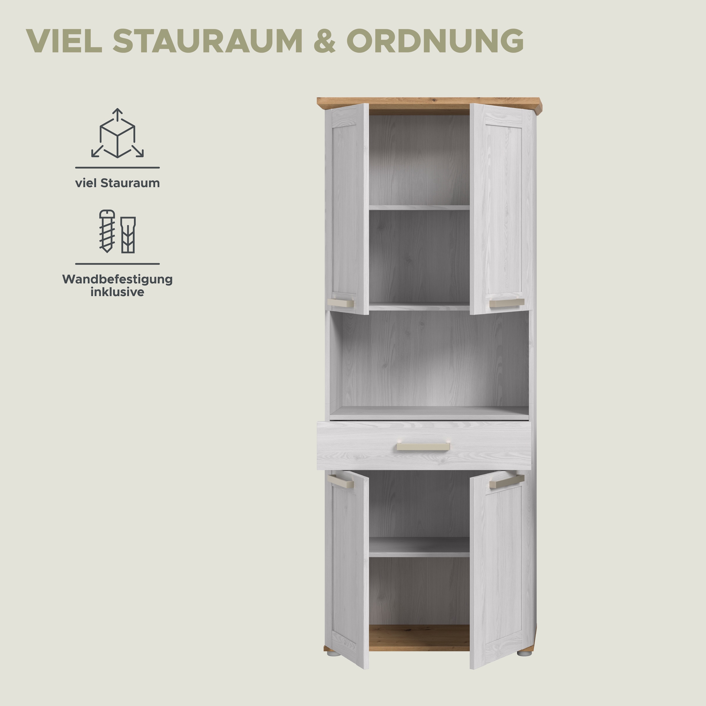 welltime Hochschrank »COSENZA, Höhe 187cm, 4 Türen, 1 Schubkasten, 1 offenes Fach« in Landhausoptik, mit weiteren Artikel der Serie kombinierbar, 1 Stk. tlg. Hochschrank, Bad, Badezimmerschrank