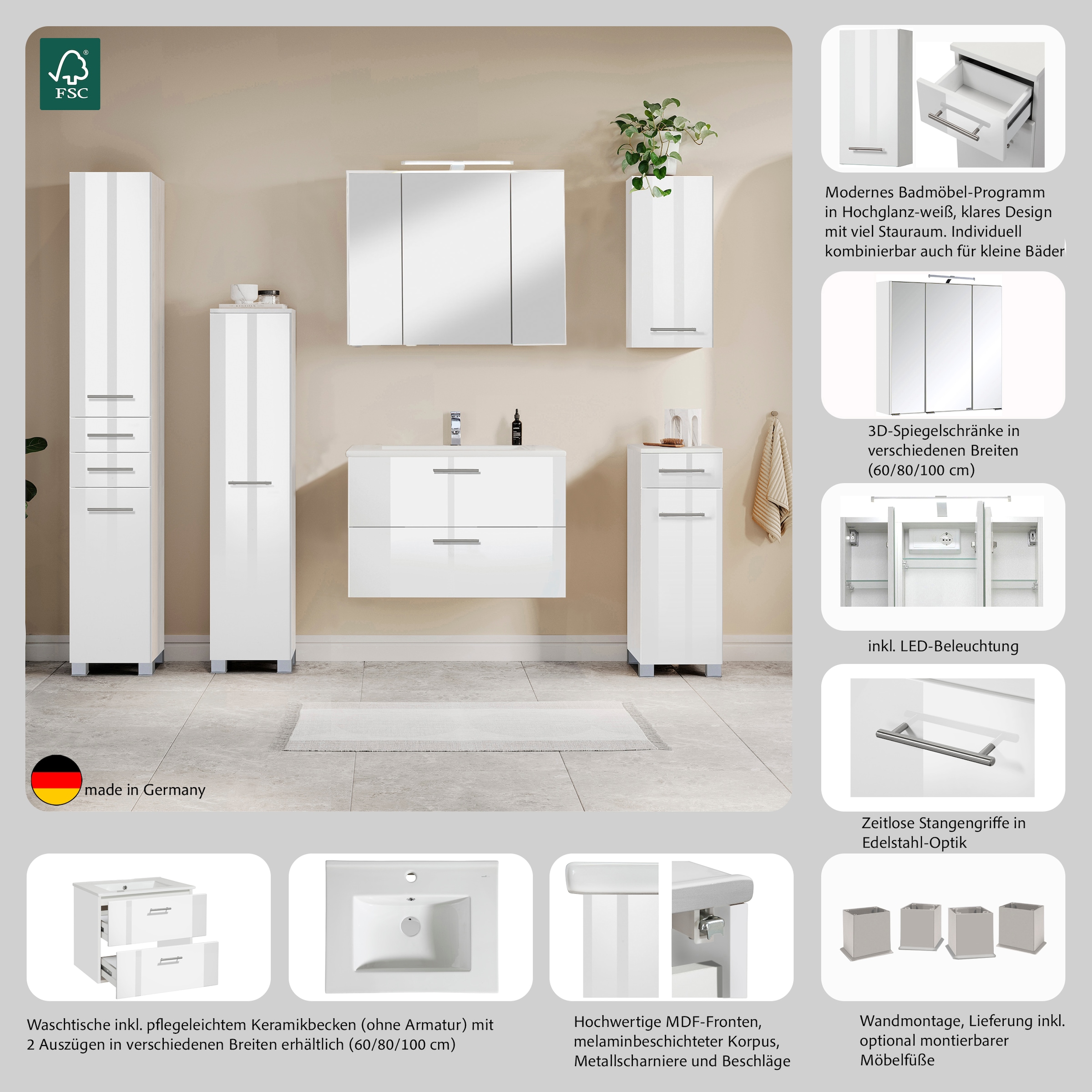 welltime Waschtisch »Trento Badezimmerschrank mit Becken Bestseller« Badmöbel in Breite 80 cm  , Waschplatz mit 2 Schubladen , Badschrank