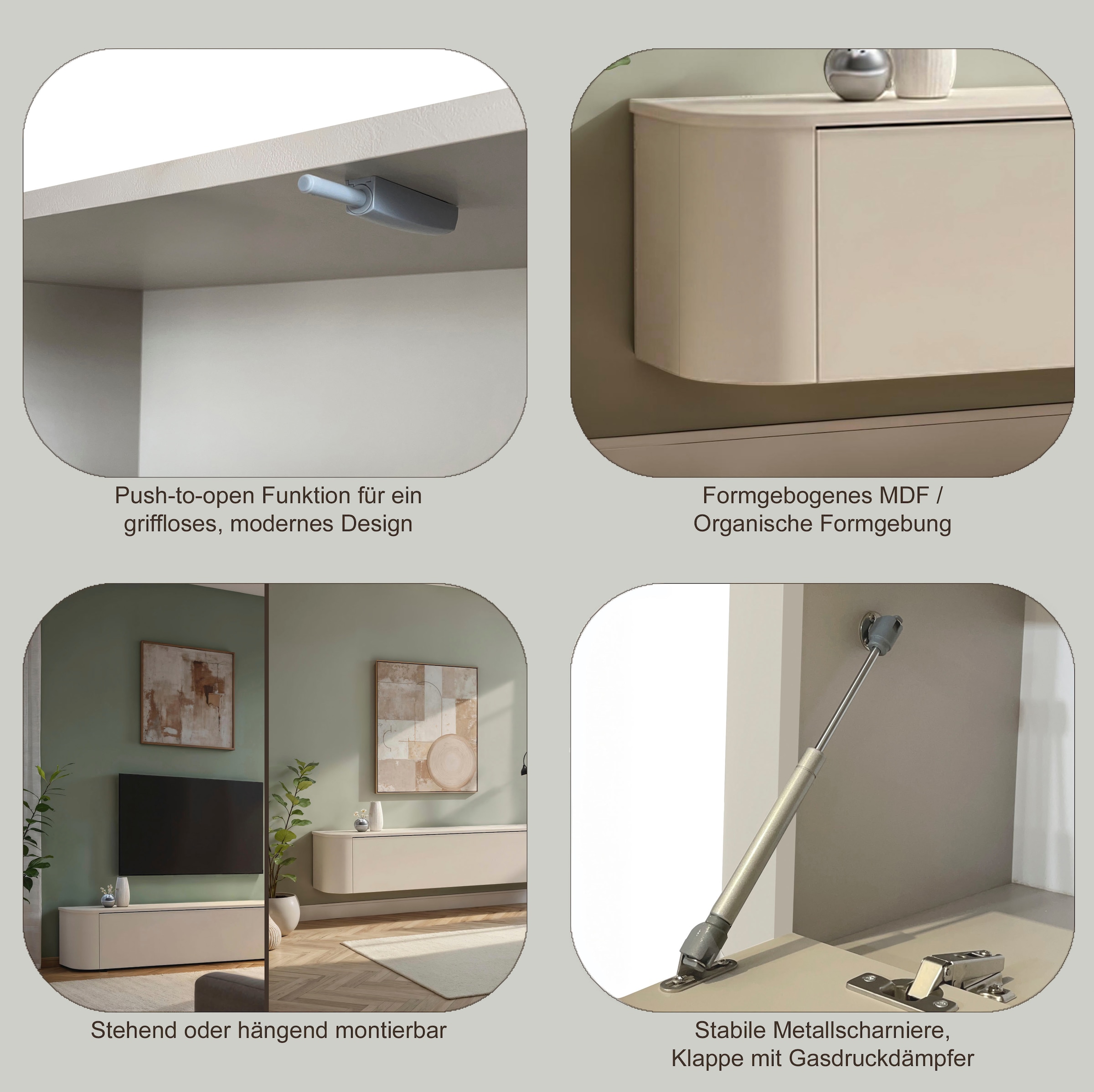 INOSIGN Lowboard »Lido, 181 cm breit, 1 Klappe, TV-Schrank, TV-Kommode, Medienboard« Formgebogenes MDF, Stirnseiten Rundung, Push-to-open, hängend/stehend