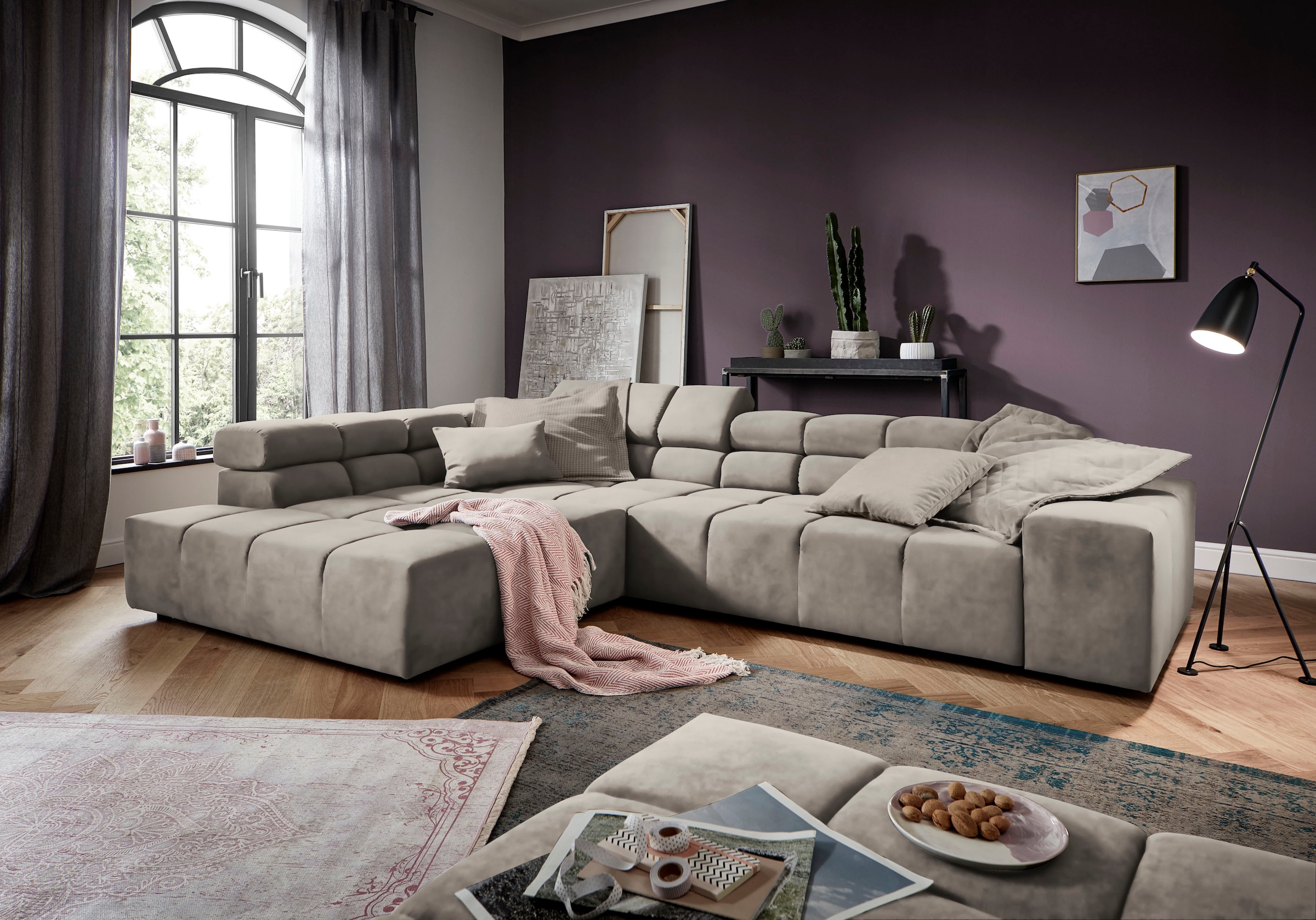 INOSIGN Ecksofa »Ancona incl. Kopfteilverstellung, Zierkissen Breite 319cm, L-Form«, wahlweise motorische Sitztiefenverstellung, auch in Cord + Easy Care
