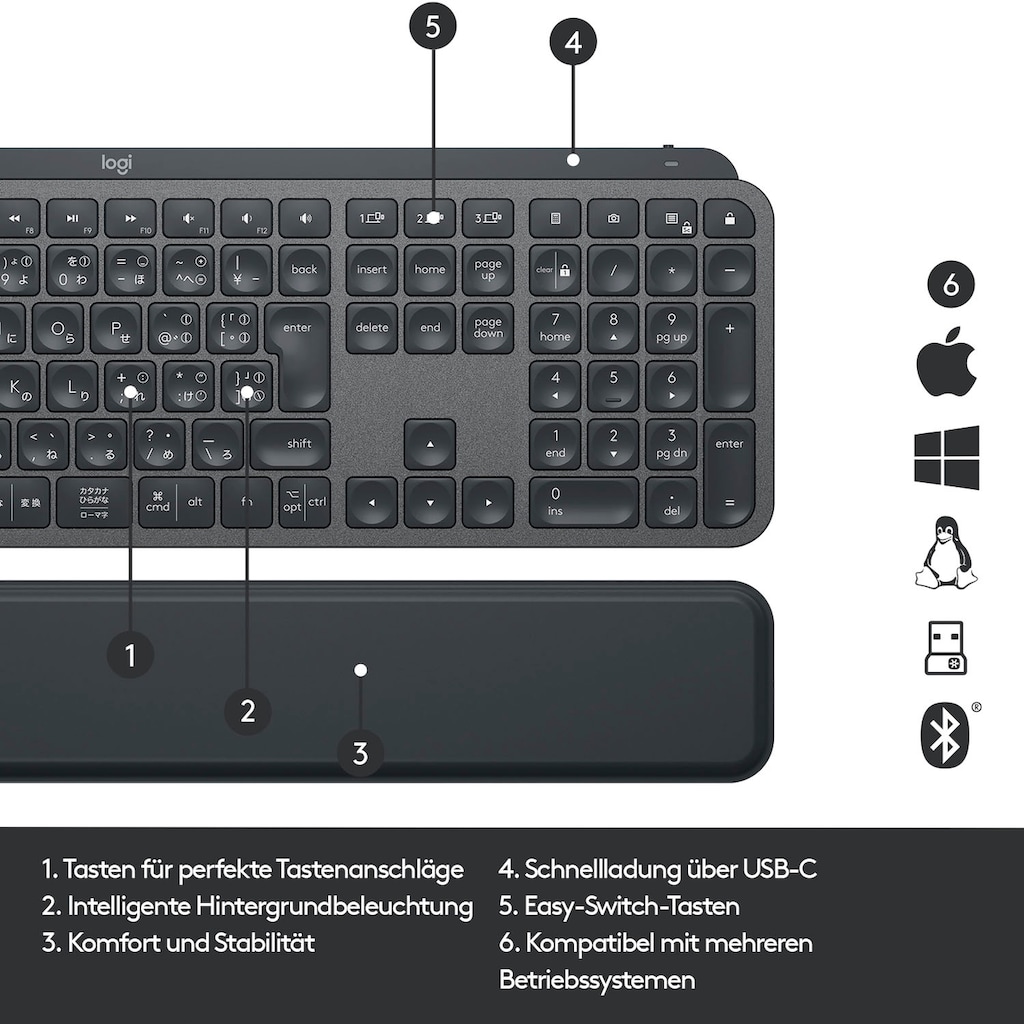 Logitech Tastatur »MX Keys Plus Advanced - GRAPHITE«, (Handgelenkauflage)