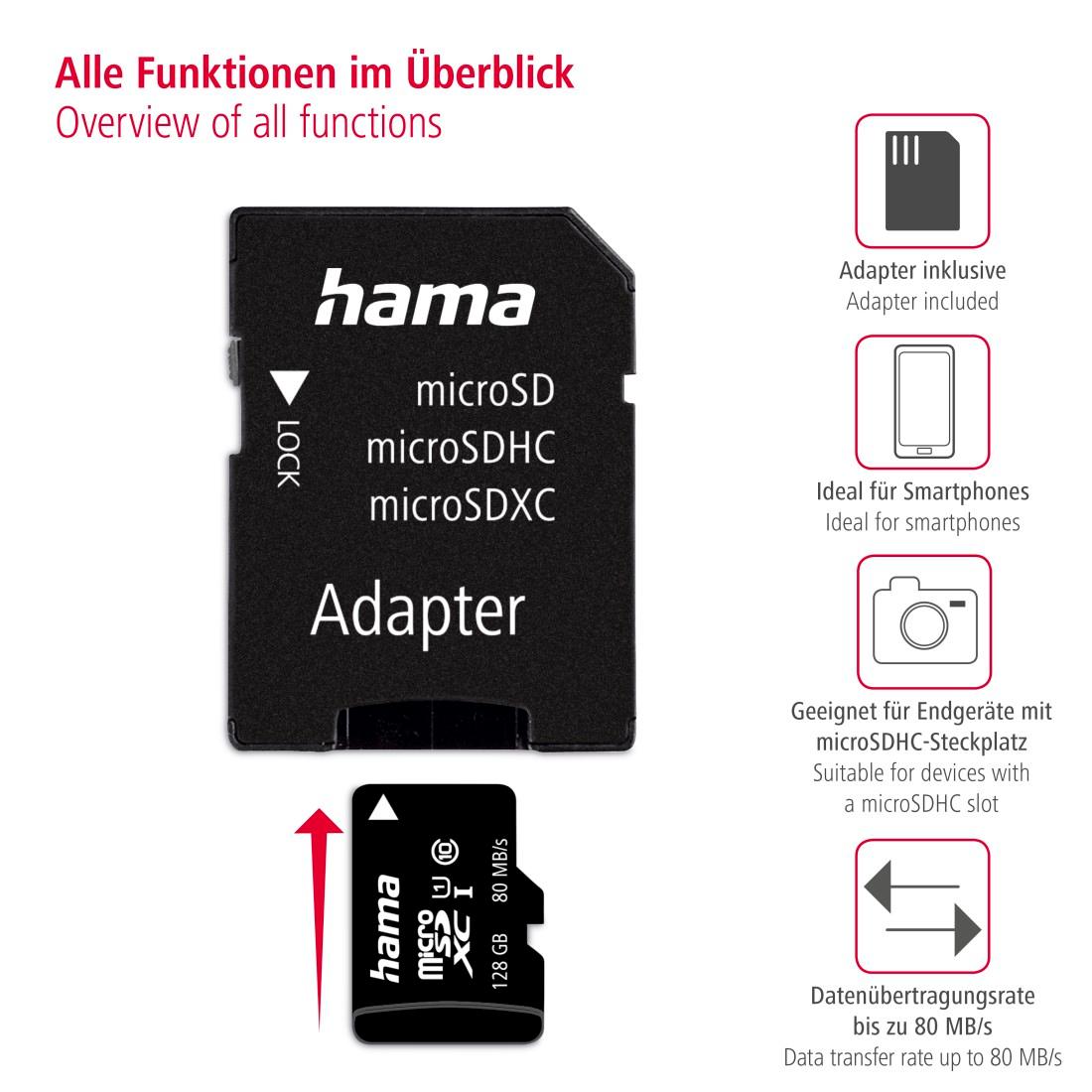 HAMA Speicherkarte "microSD Karte, Memory Fast, + Adapter/Mobile, Class 10 UHS-I", 128 GB, schwarz, Speicherkarten