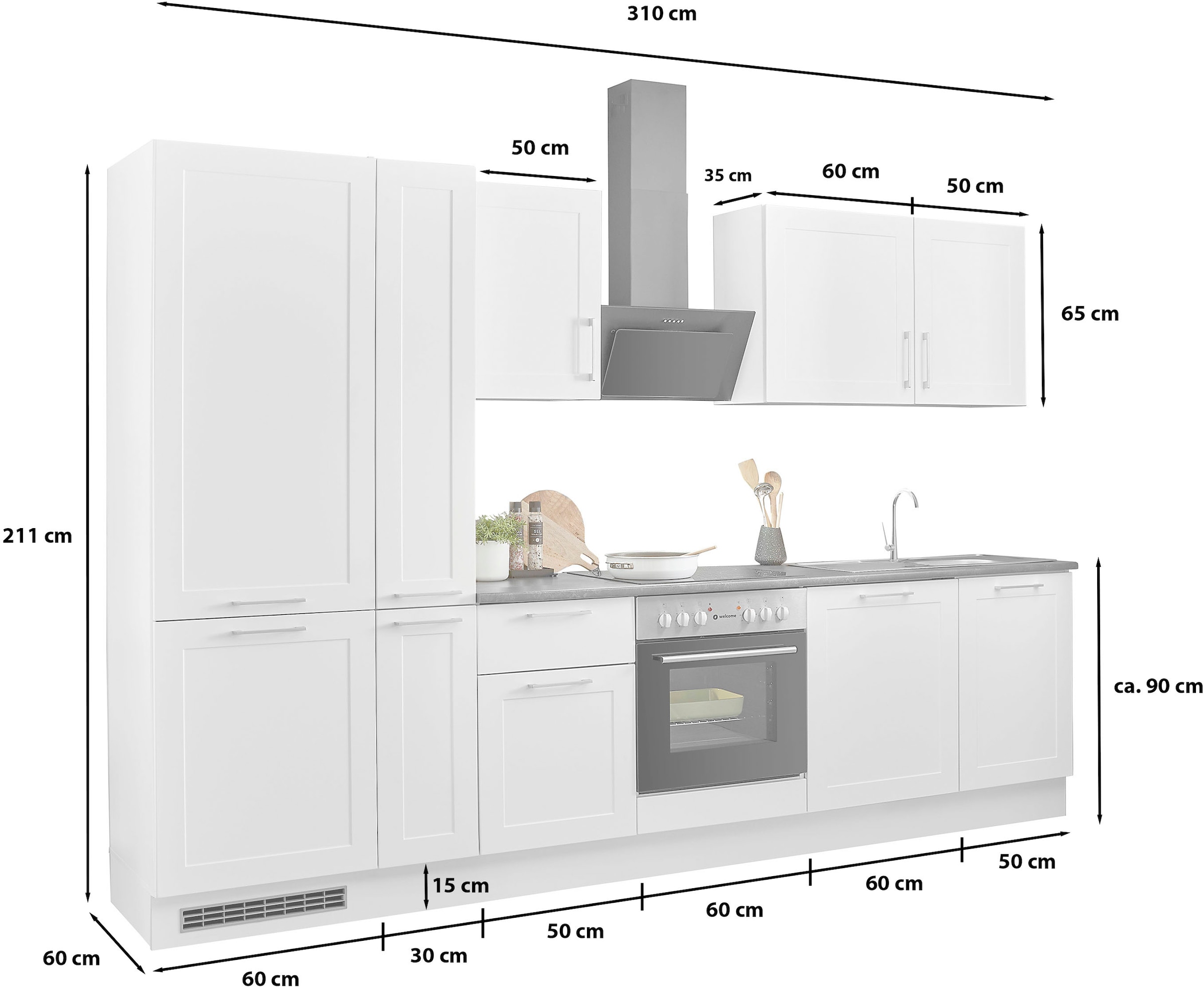 BASIC by Balculina Küchenzeile »Marsi«, Breite 310 cm, wahlweise mit E-Geräten, mit Soft-Close-Funktion