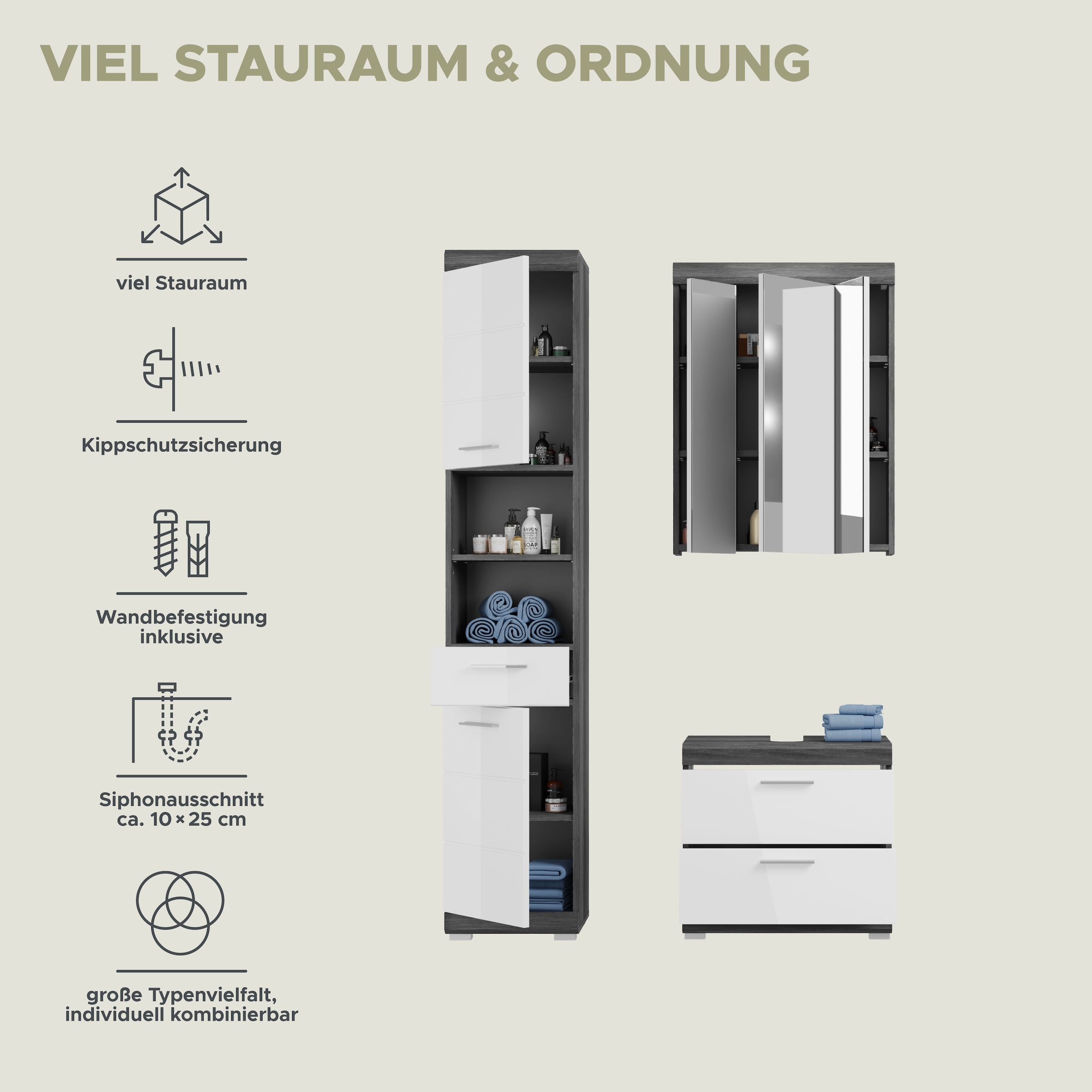 INOSIGN Badmöbel-Set »Siena, 3 teilig, bestehend aus:«, (Set, 3 St.), Hochschrank, Waschbeckenunterschrank, Spiegelschrank
