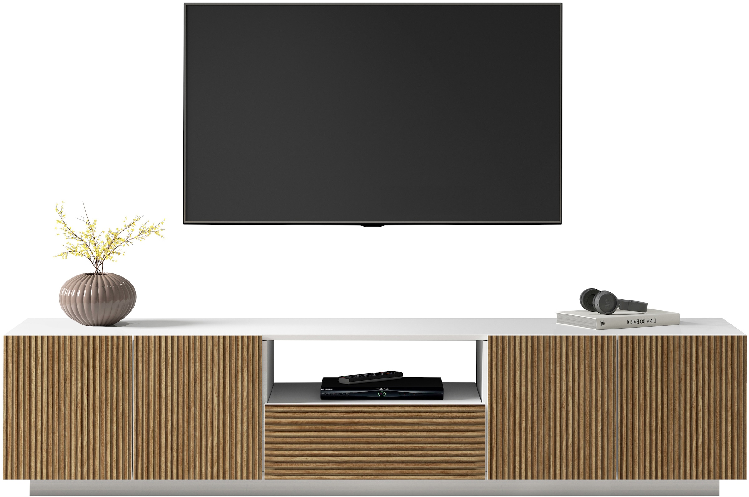 INOSIGN Lowboard »Vega,Lowboard,TV Board,TV Schrank,220 cm«, mit 4 Türen und 1 Schublade,Fronten mit Rillen-Optik