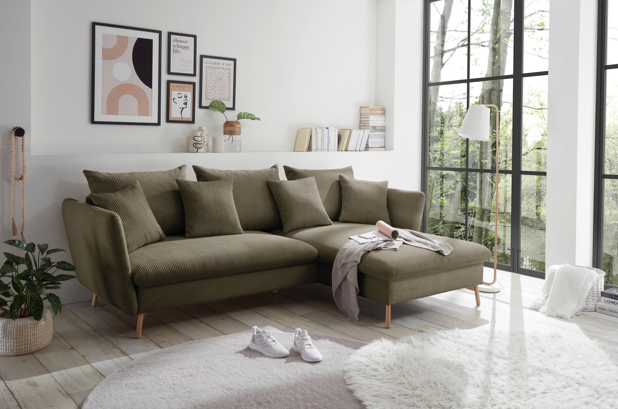 andas Ecksofa »MERLE, 258 cm, L-Form, traumhafter Cord,«, mit Bettfunktion und Bettkasten, Liegefläche 224 x 139