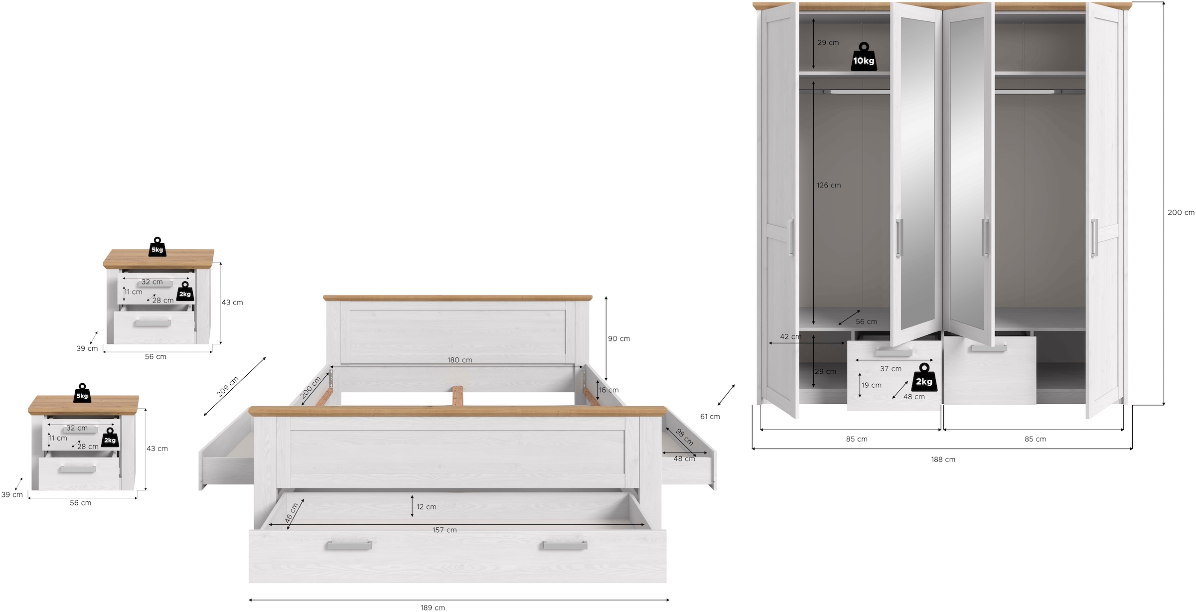 Home affaire Schlafzimmer-Set »COSENZA, TOPSELLER!, 4-teilig, Kleiderschrank, Bett & 2x Nachttische« Matratzengröße 180x200 cm, viel Stauraum, ohne Lattenrost & Matratze, 4 tlg. tlg. Schlafzimmer, Schlafen, Set, Kombination, Bettanlage