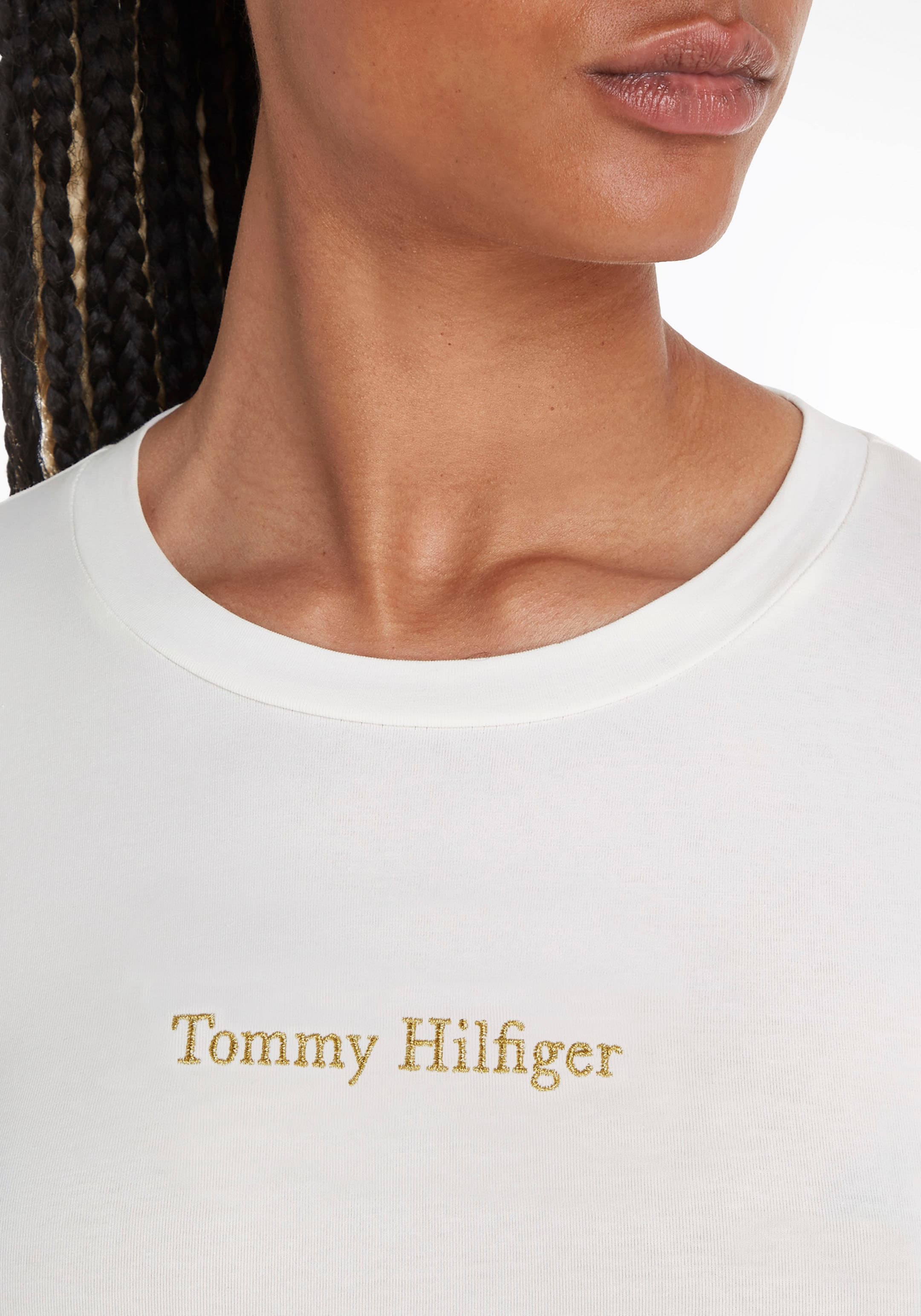 Tommy Hilfiger Langarmshirt BAUR METALLIC Markenlabel & kaufen C-NK mit Print Hilfiger NY für Tommy »SLIM | metallicfarbenen LS«