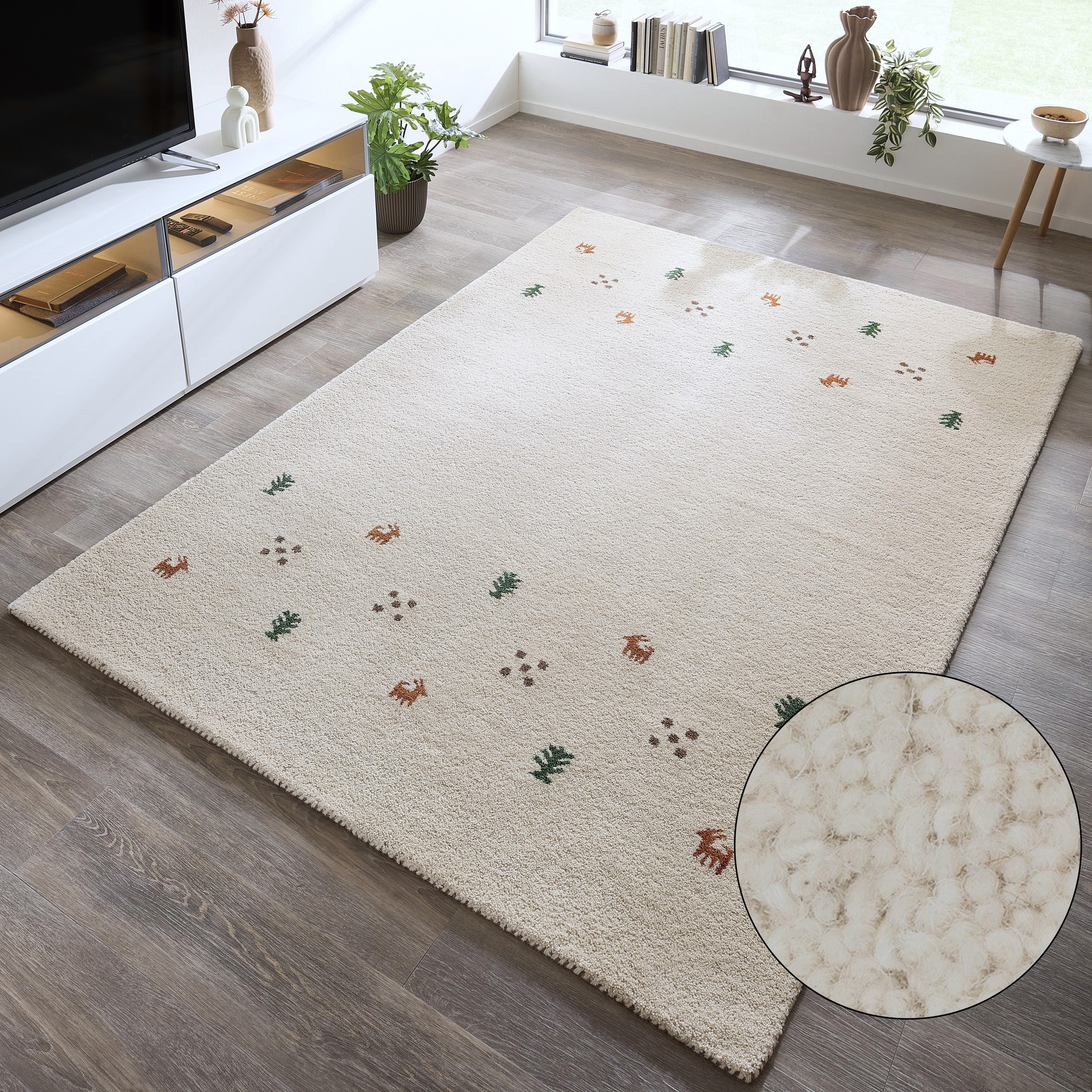 THEKO Gabbeh Animal Motif Wool Rug Beige 120x180cm