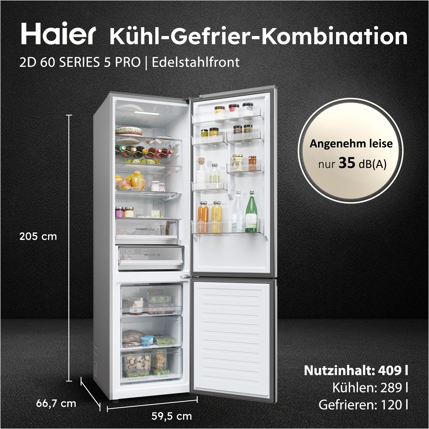 Haier Kühl-/Gefrierkombination 2D 60 Series 5 »HDPW5620BNPK« 205 cm hoch 59,5 cm breit Air Surround Technologie: Erhält die Frische zu 99%