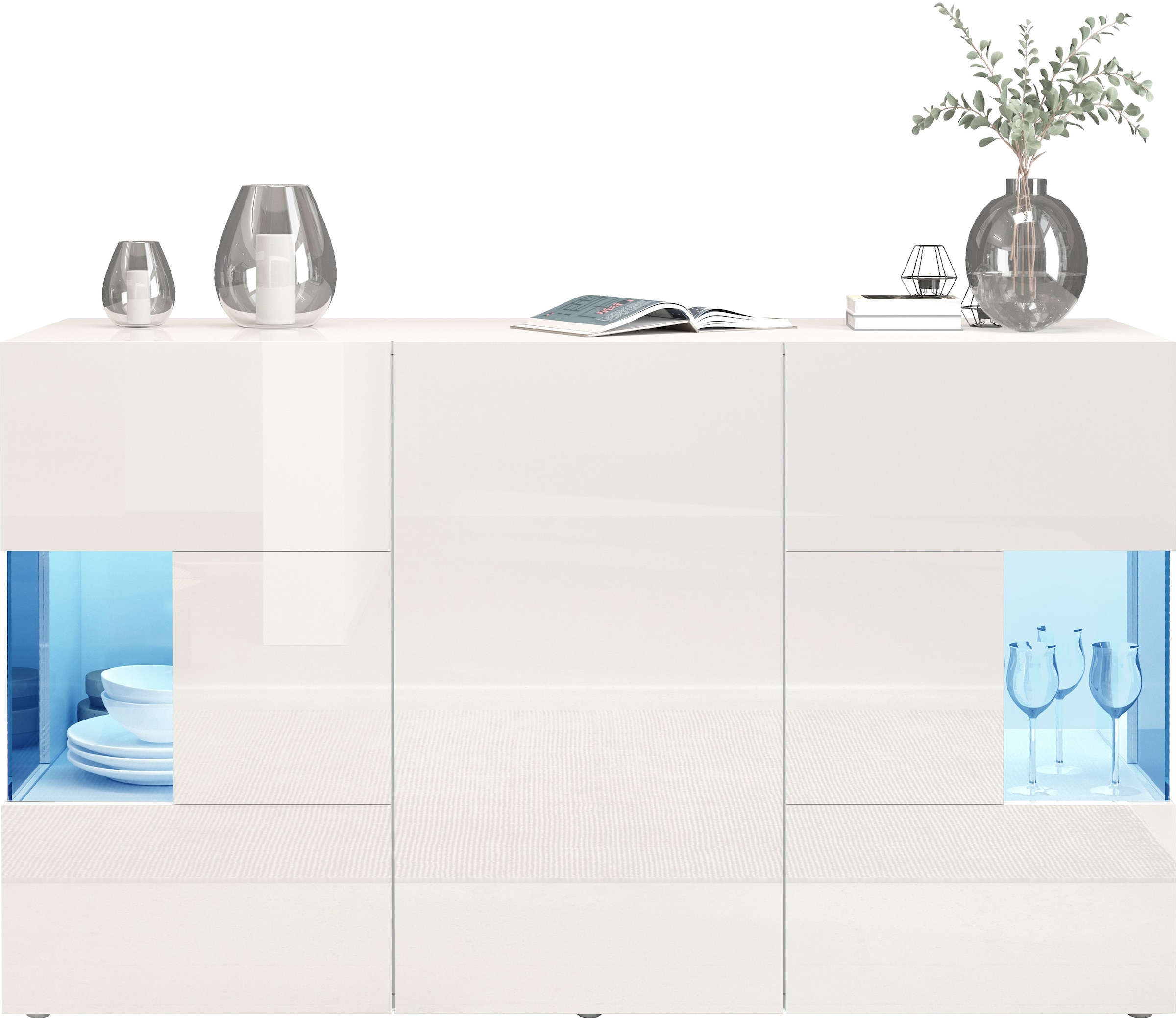 INOSIGN Sideboard »Egypt, Kommode, Schrank, Kredenz, Vitrine grifflos«, 3 Türen davon 2 mit Glaseinsatz, kompl. Hochglanz lackiert Breite 135