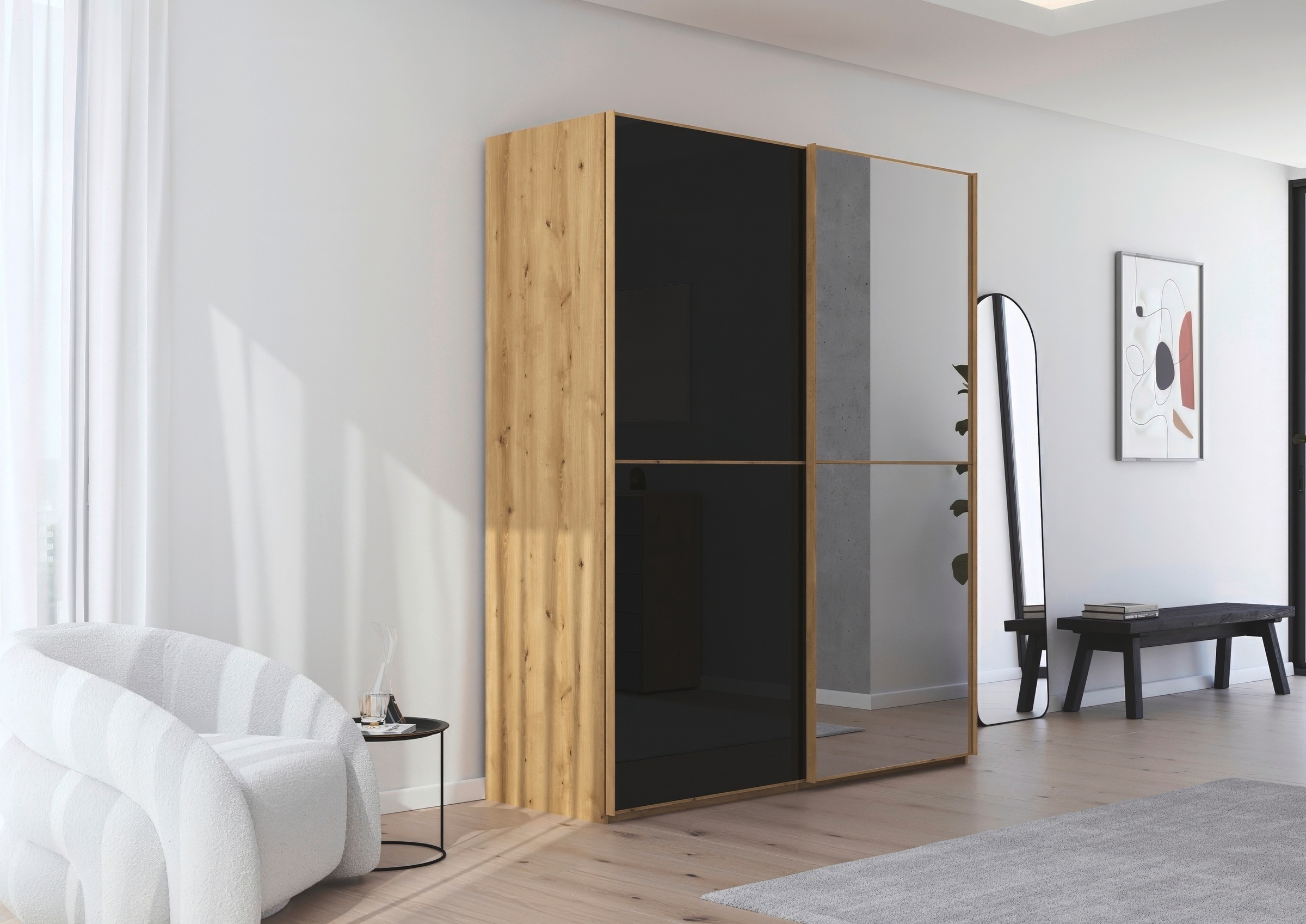 rauch Schwebetürenschrank »Kleiderschrank Schrank Garderobe Schlafzimmerschrank SCALE-DUO«, edle zweigeteilte Türen Spiegel/Glas-Mix 3 Zierleisten MADE IN GERMANY