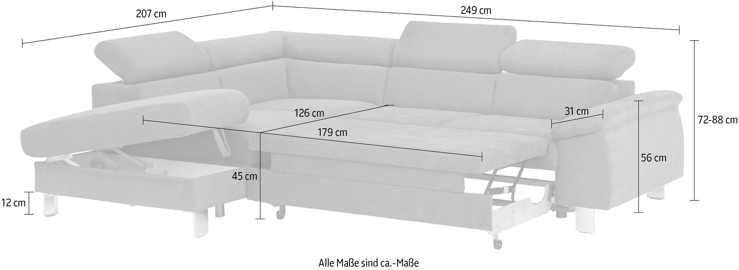 COTTA Ecksofa »Komaris L-Form, B: 249 cm«, mit Kopfteilverstellung, optional Bettfunktion, Bettkasten & Licht