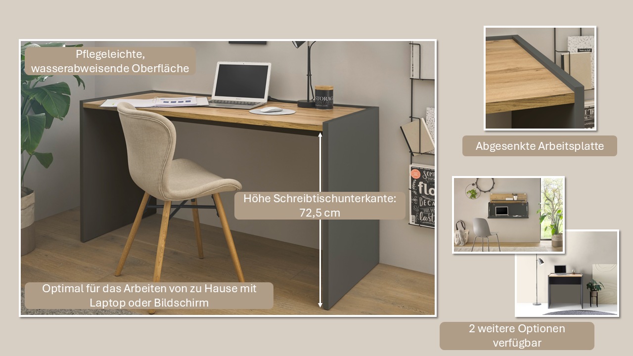 Schreibtisch HOME AFFAIRE "CiTY/GiRON", grau (anthrazit, eiche wotan dekor, anthrazit, eiche wotan dekor), B:143cm H:76,2cm T:62,2cm, Tische, Schreibtisch, moderner Computertisch, wohnliches Home Office, Breite 80 oder 143 cm 2
