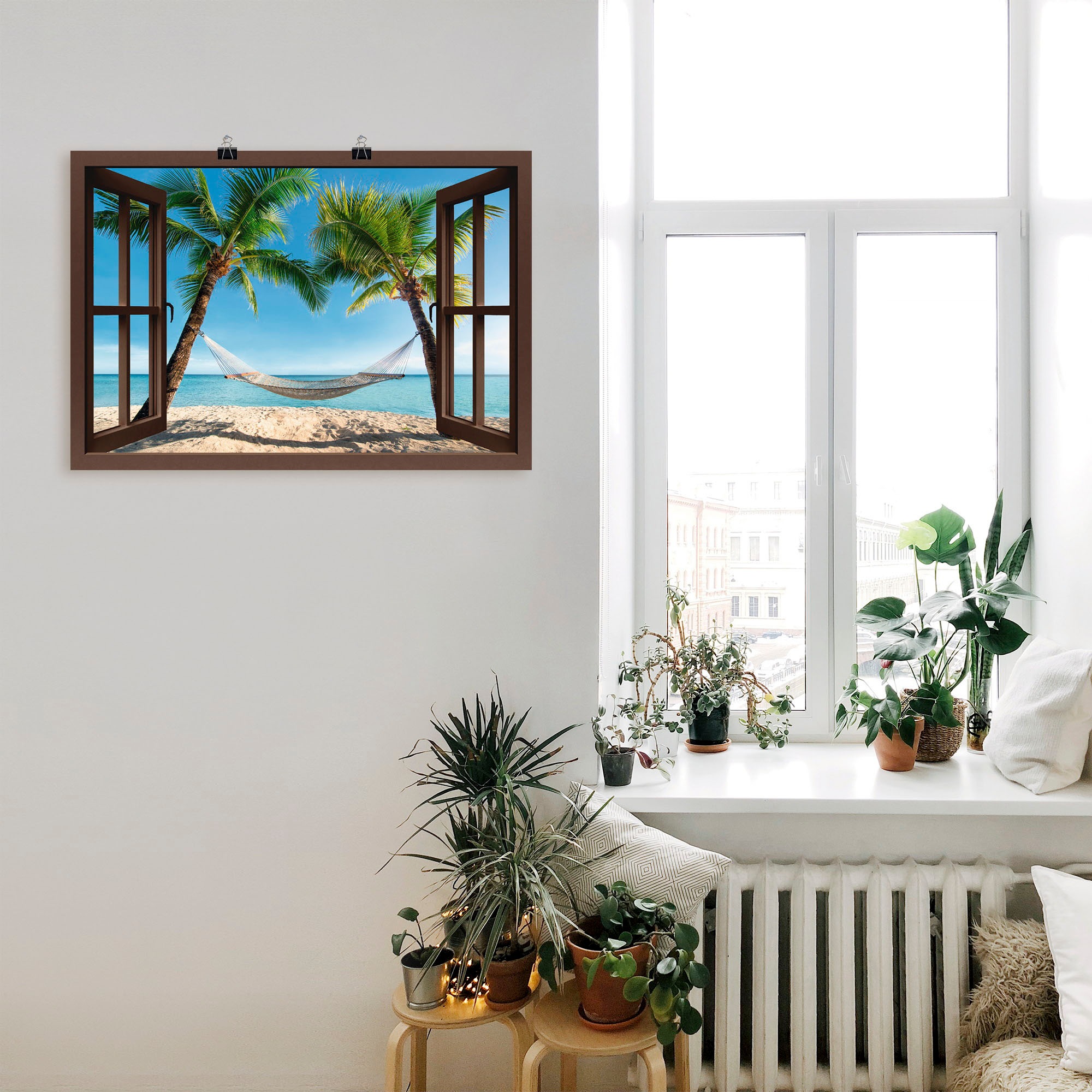 Artland Wandbild »Fensterblick Palmenstrand Karibik«, Amerika, (1 St.), als Leinwandbild, Poster, Wandaufkleber in verschied. Größen
