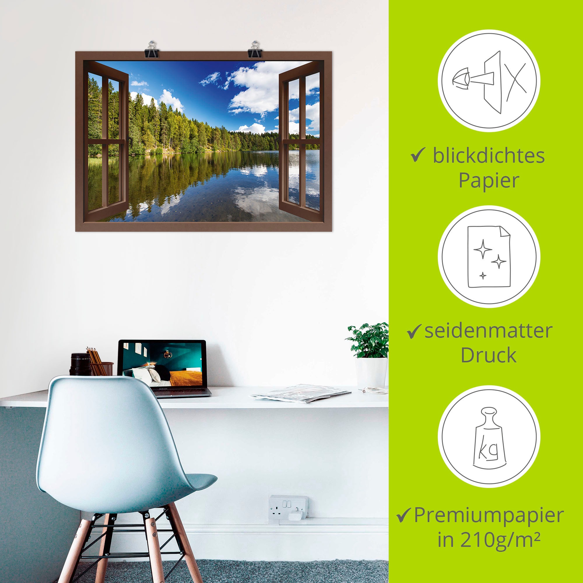 Artland Poster »Norwegische Landschaft - braunes Fenster«, Fensterblick, (1 St.), als Alubild, Leinwandbild, Wandaufkleber oder Poster in versch. Größen