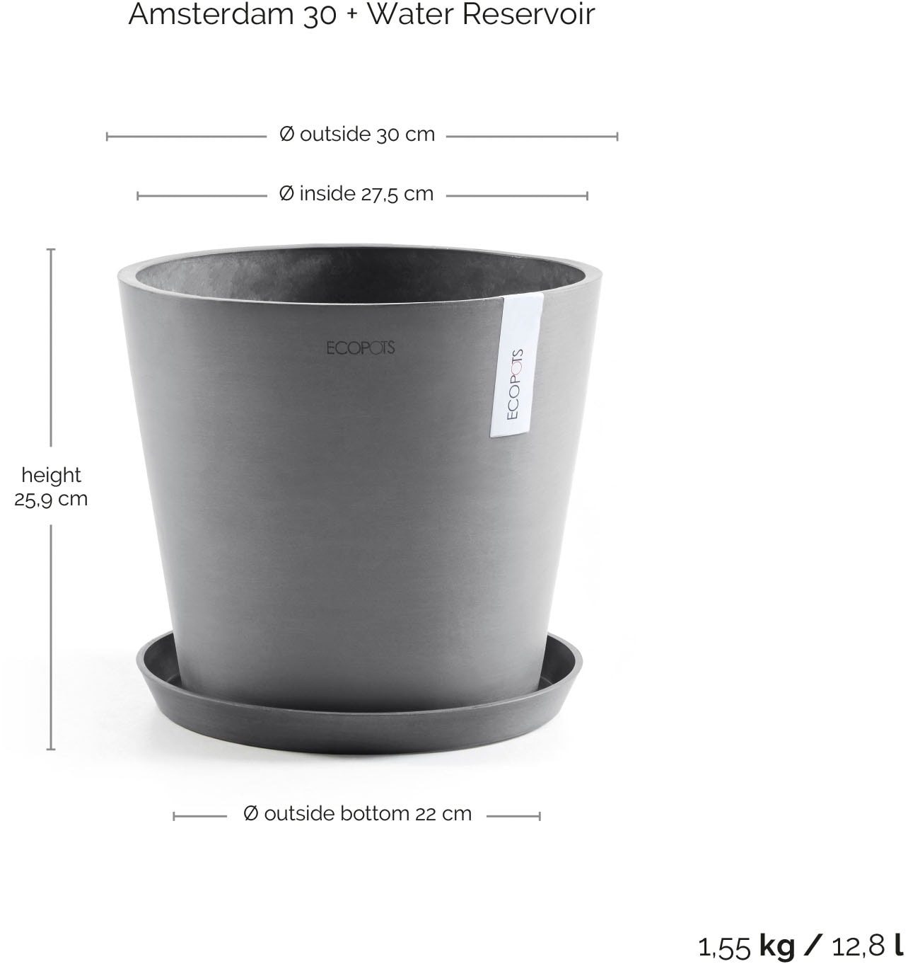 ECOPOTS Blumentopf »AMSTERDAM Grey« BxTxH: 30x30x26 cm, mit Wasserreservoir