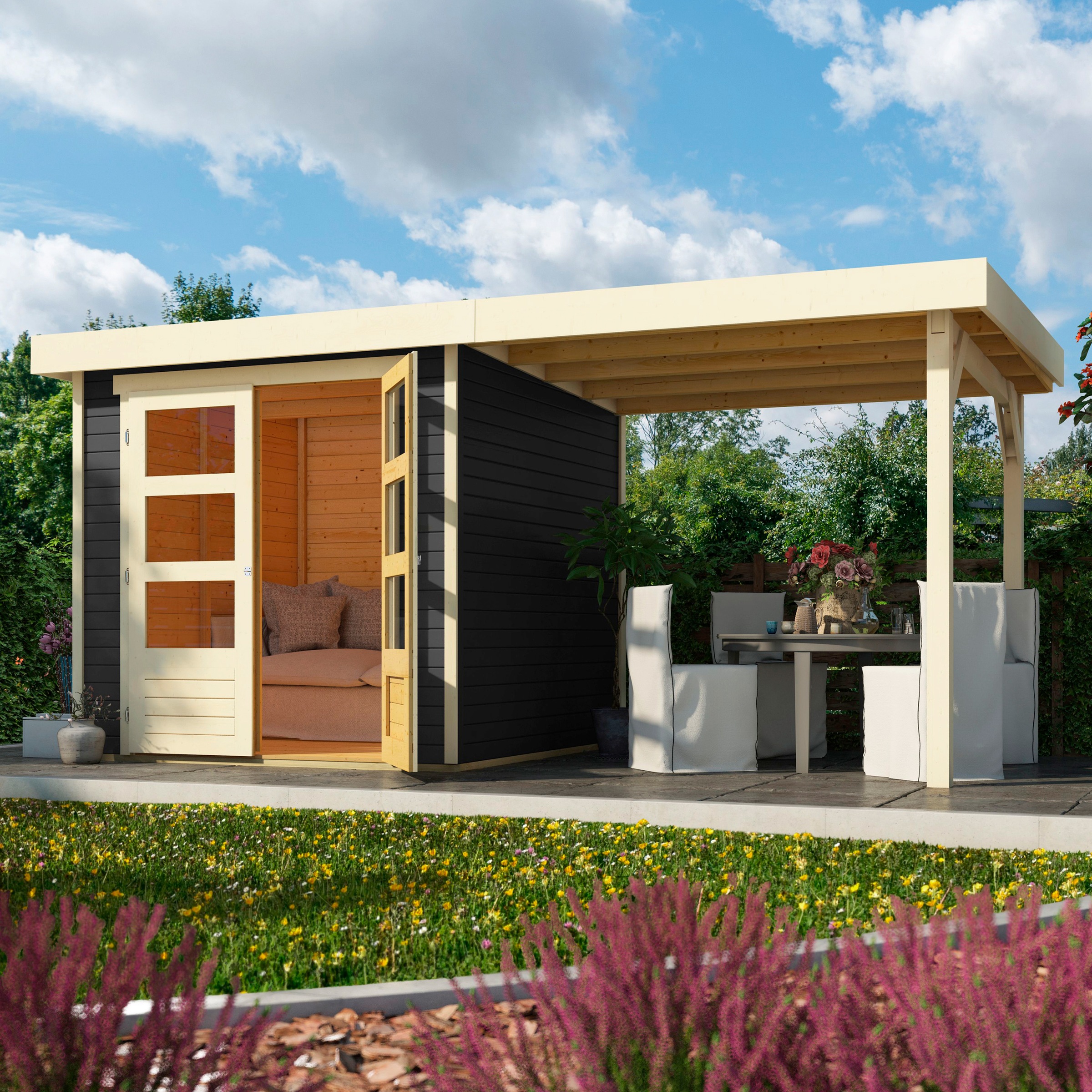 Karibu Gartenhaus "Arnis", (Set), mit Anbaudach 2,40 m Breite günstig online kaufen