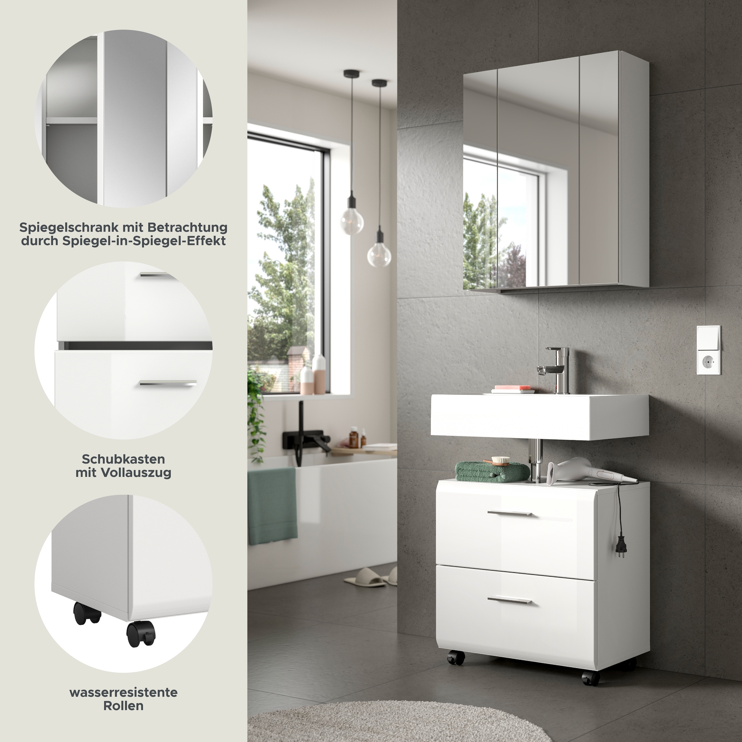 welltime Badmöbel-Set »FLORENZ, 2-tlg. Bad-Kombination, hochwertige MDF-Front« best. aus: 1 Spiegelschrank, 1 Waschbeckenunterschrank, 3 Stk. tlg.