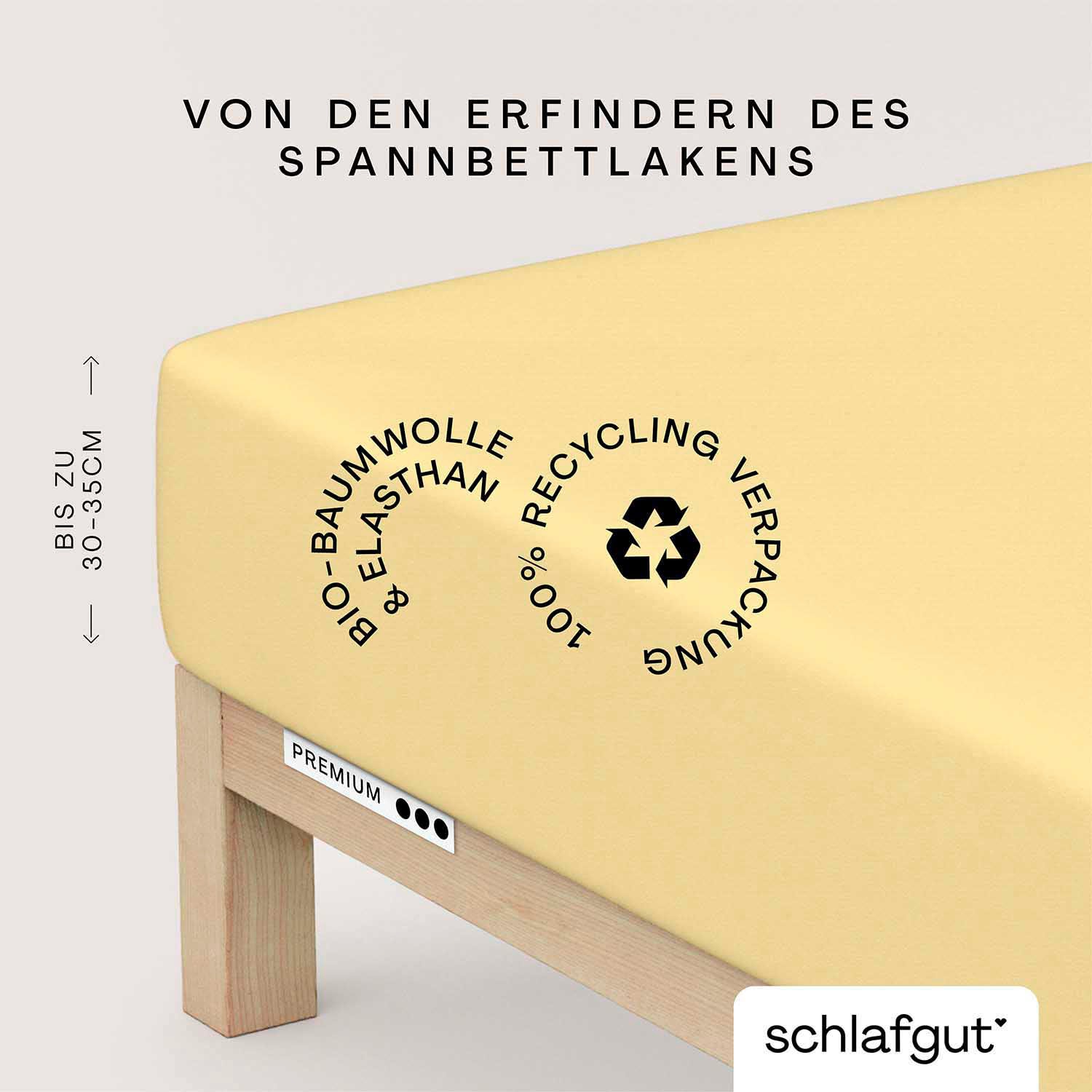 Schlafgut Spannbettlaken "PREMIUM Mako-Zwirn-Jersey, 220 g/m², 95% Bio-Baumwolle, 5% Elasthan" Bettlaken bis 30 cm Höhe, PREMIUM-Qualität langlebig, perfekter Sitz