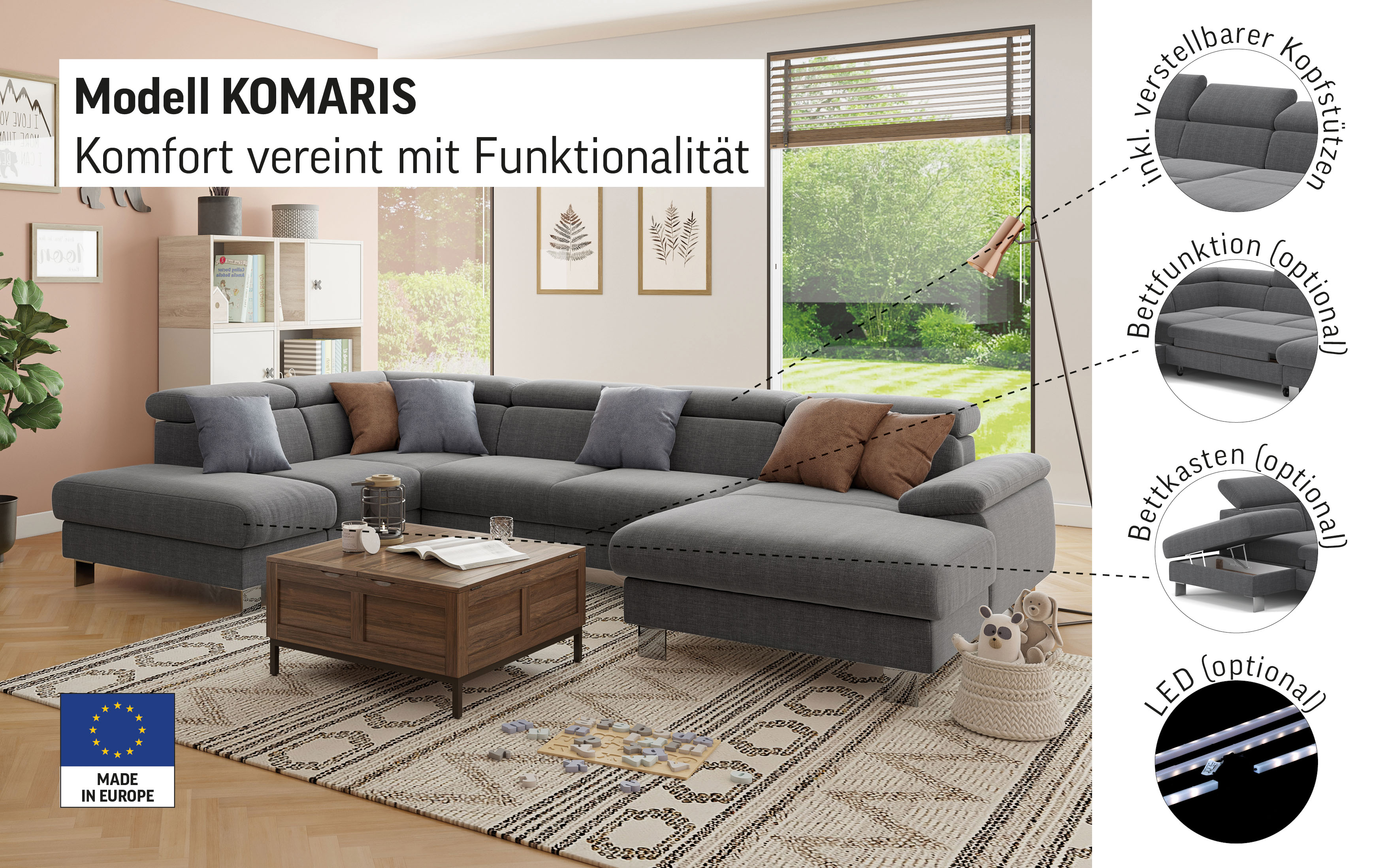 Thumbnail - COTTA Wohnlandschaft "Komaris U-Form mit Kopfteilverstellung", wahlweise mit Bettfunktion, Bettkasten & Beleuchtung