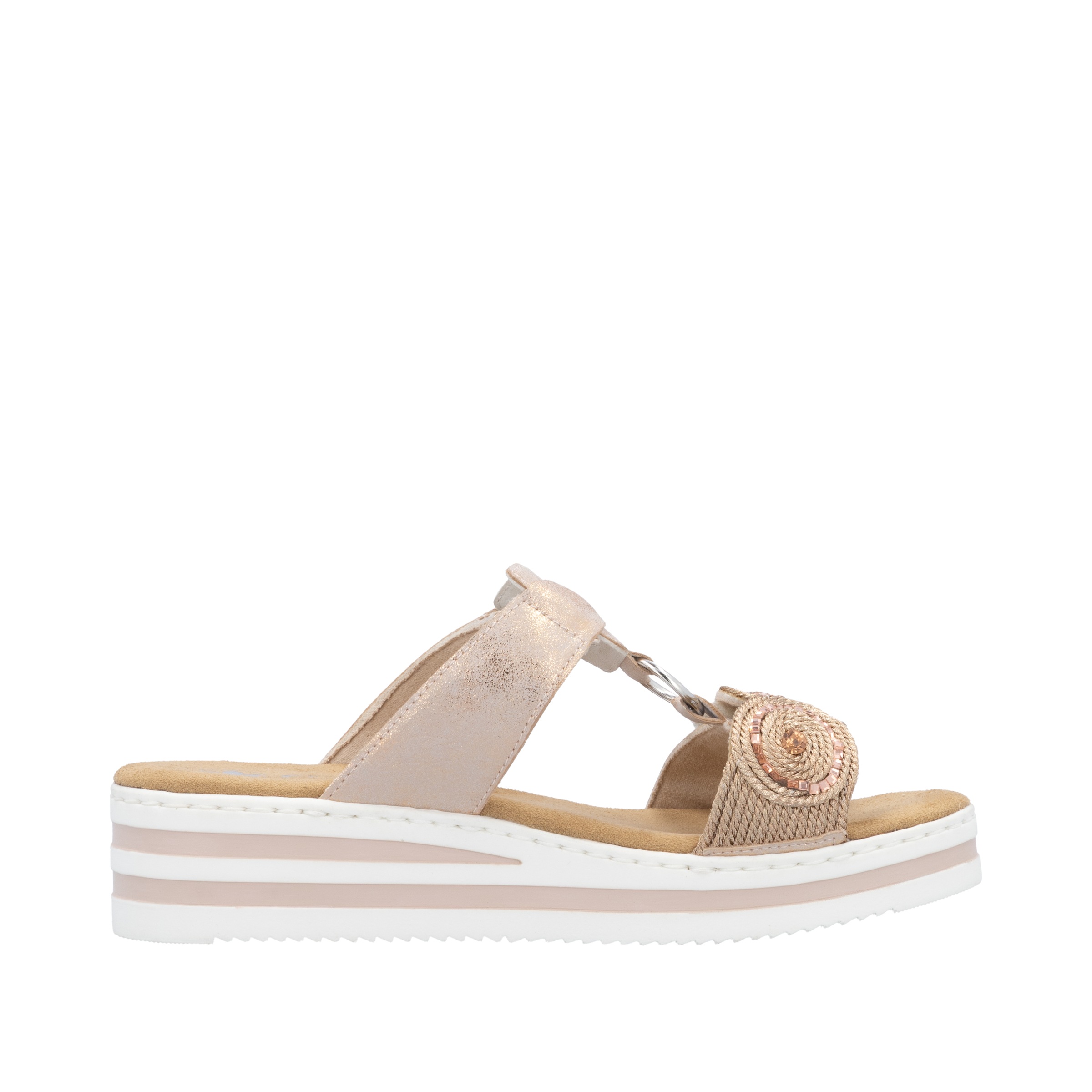 Rieker Keilpantolette  Sommerschuh, Urlaubsschuh mit Glitzersteine, Metallic-Optik