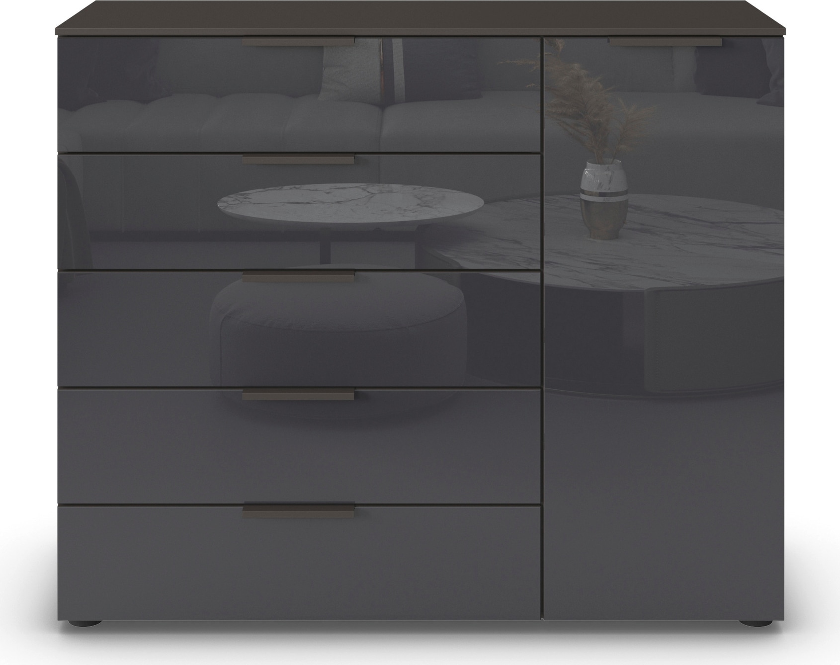 rauch Schubkastenkommode »Kommode Türkommode Sideboard Kombikommode FLIPP mit Glasfront«, (Breite 120 cm mit 2 Einlegeböden), 1-türig mit 5 Schubladen und Soft-Close-Funktion sowie Glasfront
