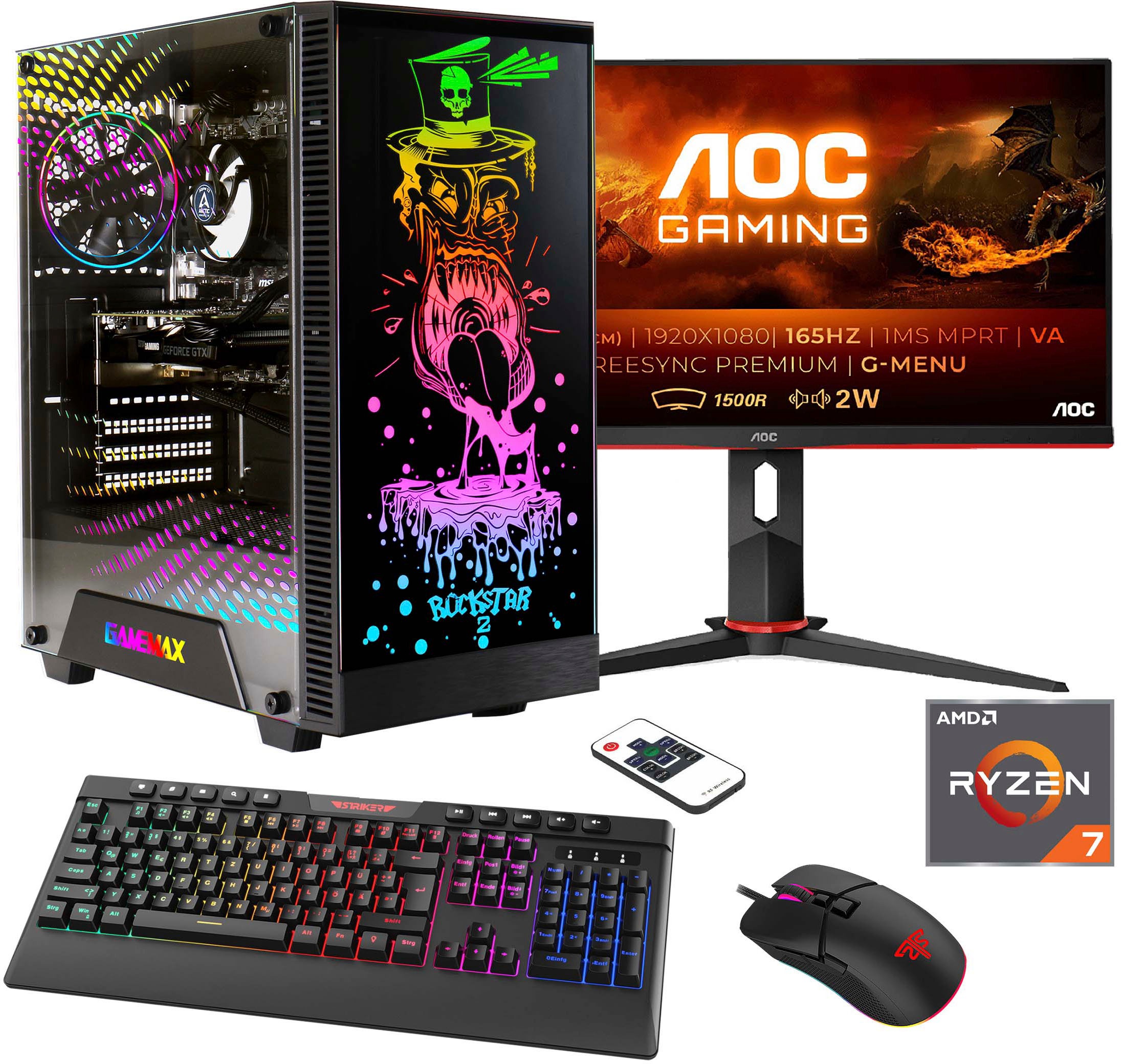 Hyrican Gaming-PC-Komplettsystem »Rockstar SET02455«, (RTX 4060Ti (16GB), PCIe SSD Gen4), DDR5, Windows 11, inklusive 24" Curved Monitor AOC C24G2AE/BK