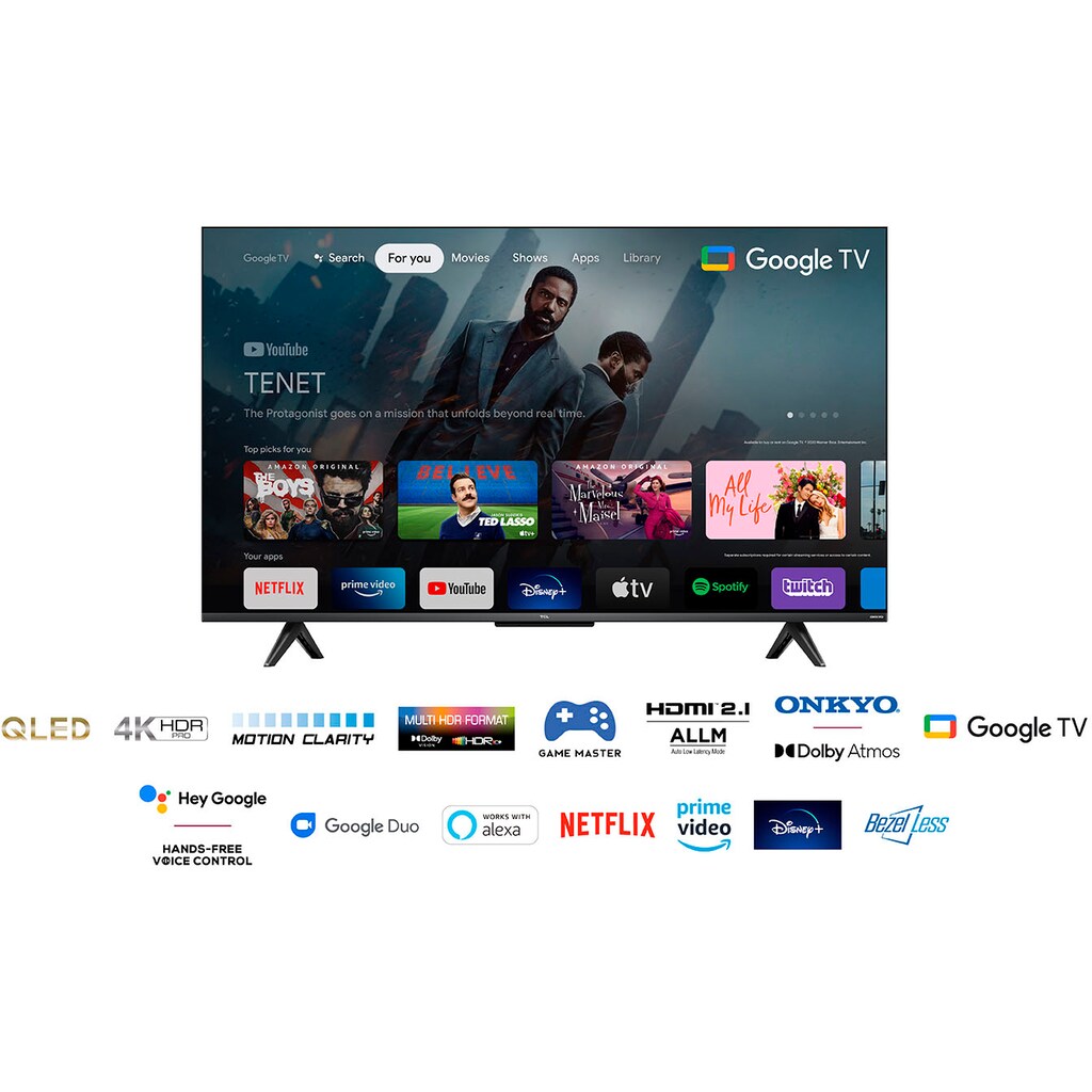 TCL QLED-Fernseher »43C631X2«, 108 cm/43 Zoll, 4K Ultra HD, Smart-TV-Google TV, HDR Premium, Dolby Atmos, HDMI 2.1, Metallgehäuse, ONKYO-Sound