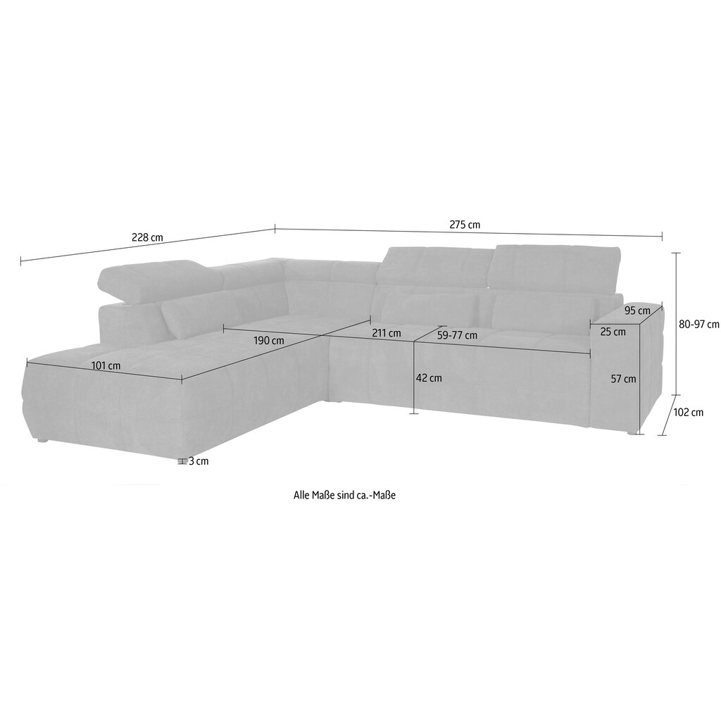 DOMO collection Ecksofa »Brandon L-Form, auch in Leder«, inklusive Kopfteilverstellung, wahlweise mit Sitztiefenverstellung