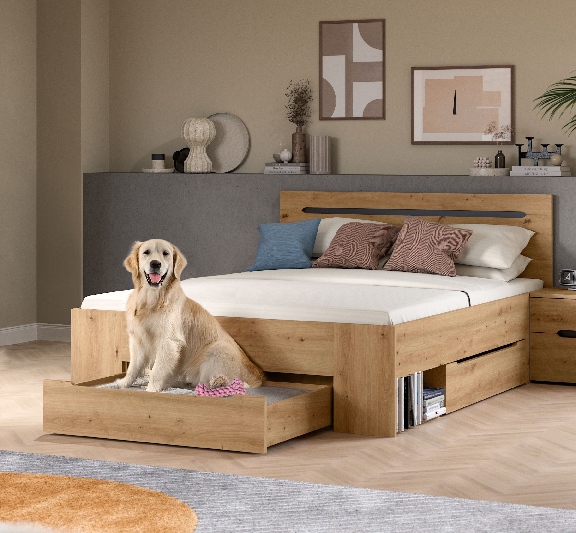 Home affaire Stauraumbett »REHAT, in 144 oder 184 cm Breite, 3 Schubkästen, 2 offene Fächer« TOPSELLER!, für Matratzen 140x200 cm, viel Stauraum, ohne Lattenrost, 1 Stk. tlg. Bett, Kastenbett, Bettgestell, Schlafzimmer, Schlafen