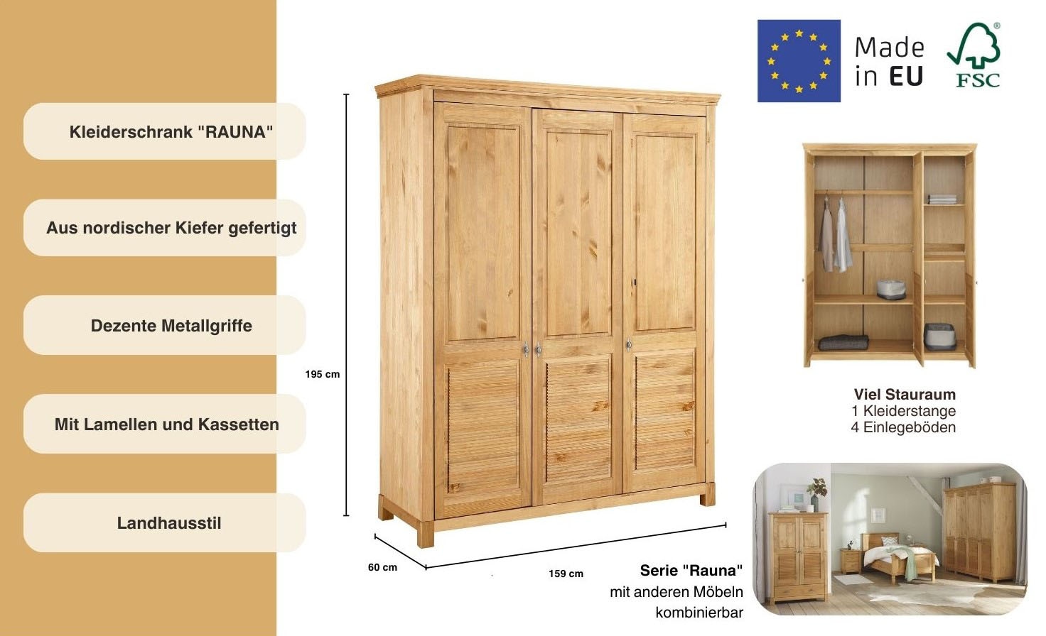 Home affaire Kleiderschrank »Rauna, mit Lamellen und Kassetten, klassischer Landhausstil, rustikal«, (2 Breiten: 113/159 cm H/T ca. 195/60 cm), massive Kiefer, Metallgriffe, mehrere Varianten, zeitloses Design