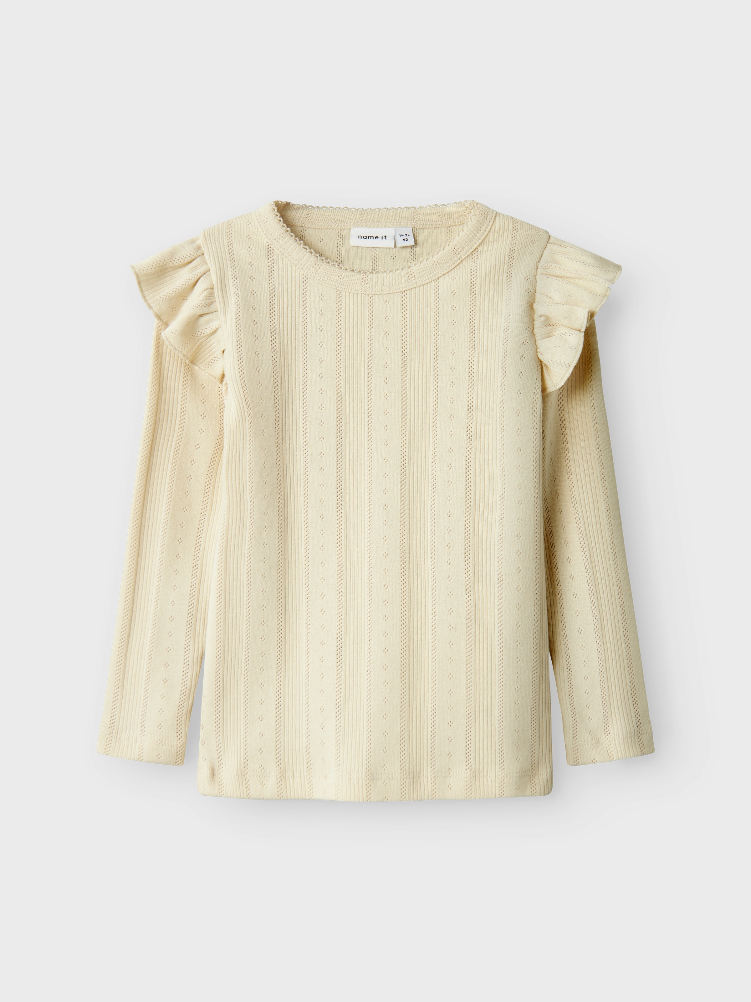 Name It Longtop »NMFJULIA LS SLIM TOP NOOS«, mit tollem Volant an der Schulter und im süßen Ajourstrick-Design
