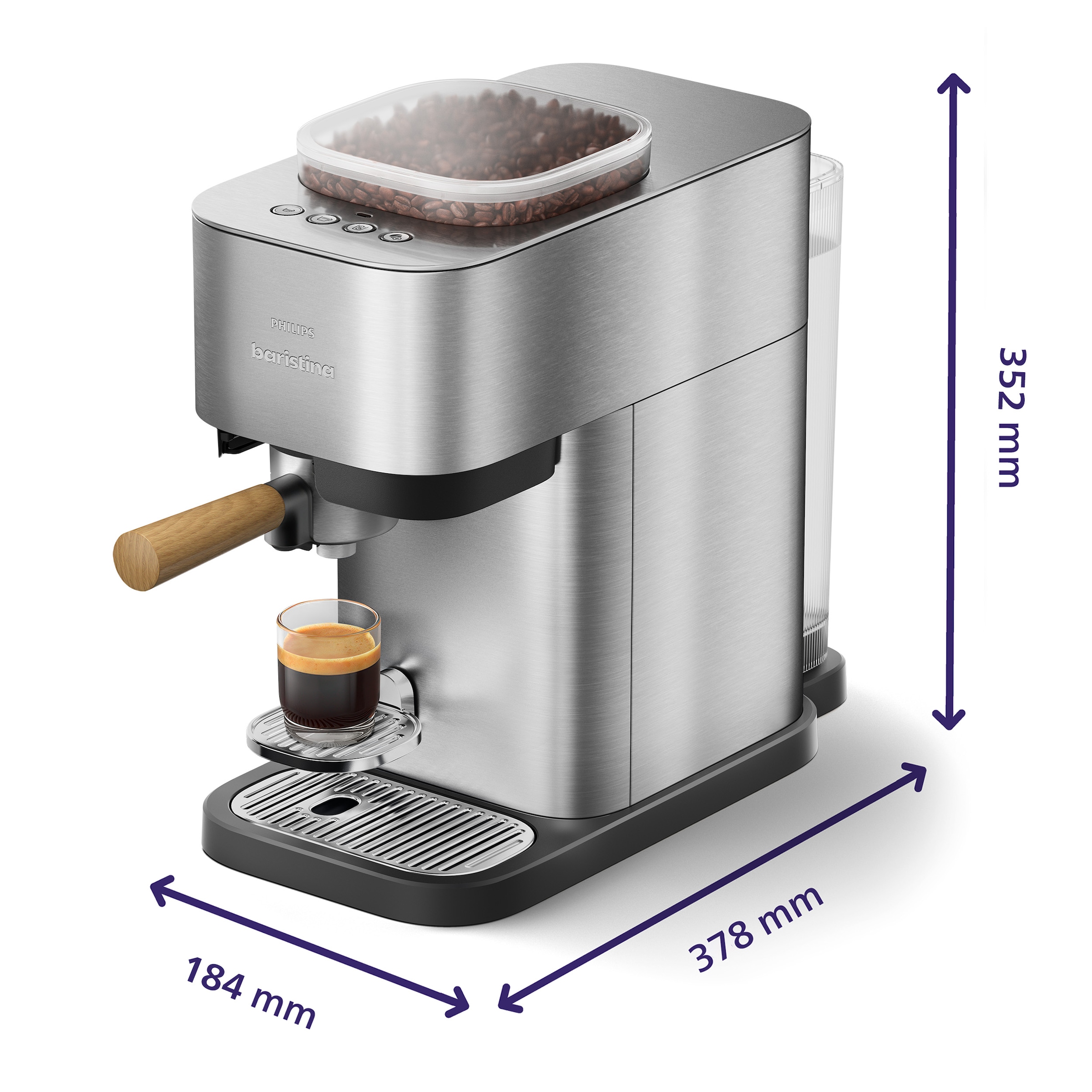 PHILIPS baristina Espressomaschine »Plus in Edelstahl BAR500/00 mit Mahlwerk für ganze Bohnen« Iced Coffee Funktion, 16 bar Pumpendruck, Edelstahl/Eschenholz