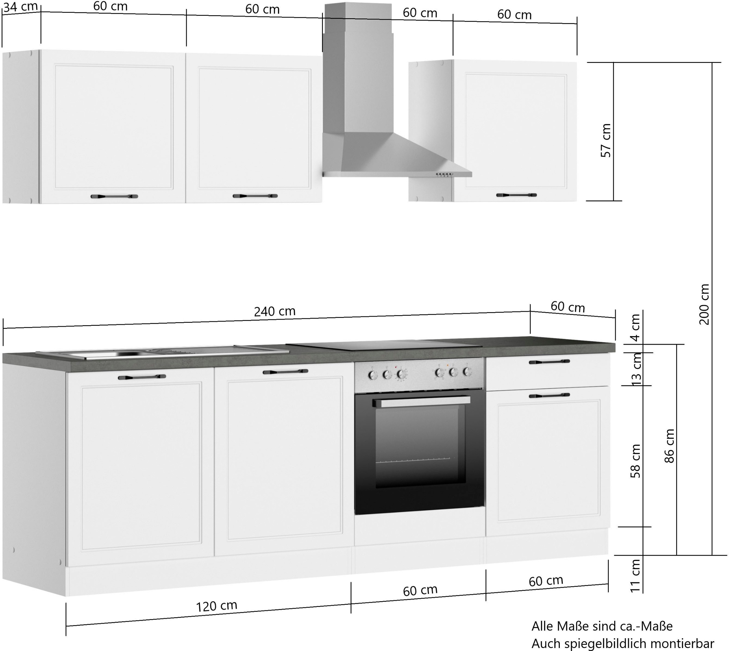KOCHSTATION Küchenzeile »KS-Lani, mit MDF-Fronten«, Breite 240 cm, wahlweise mit E-Geräten, Höhen-Ausgleichsfüße 0-4 cm