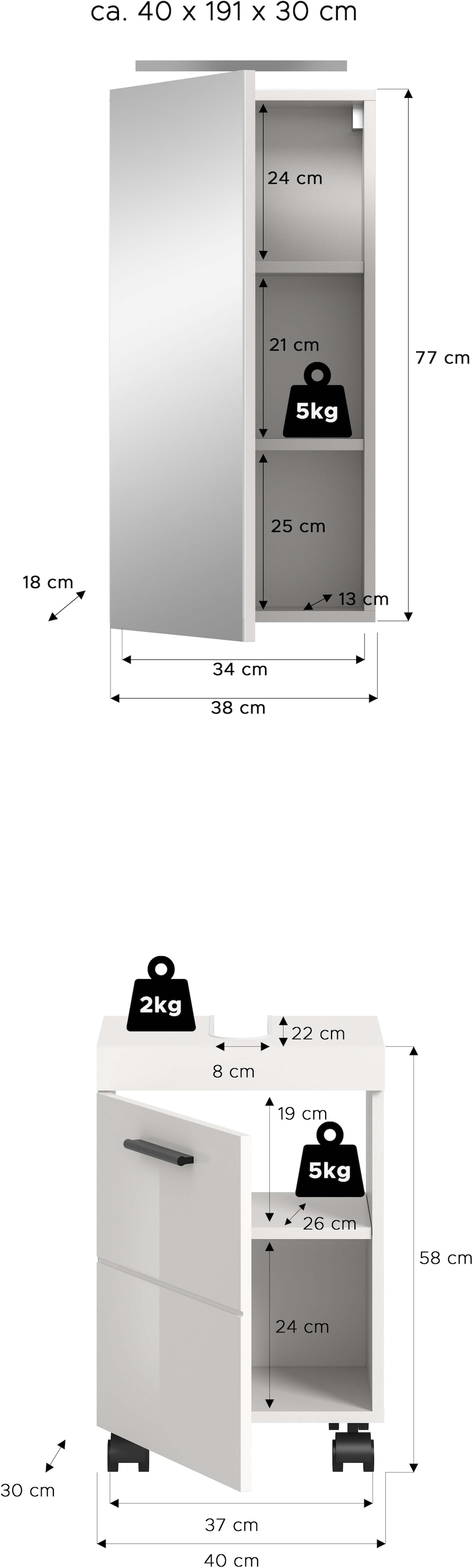 welltime Badmöbel-Set »AVON, Breite 40 cm, 2-tlg. Bad-Kombi auf Rollen, inkl. Beleuchtung« best. aus: Waschbeckenunterschrank & Spiegelschrank inkl. Beleuchtung, 2 Stk. tlg.