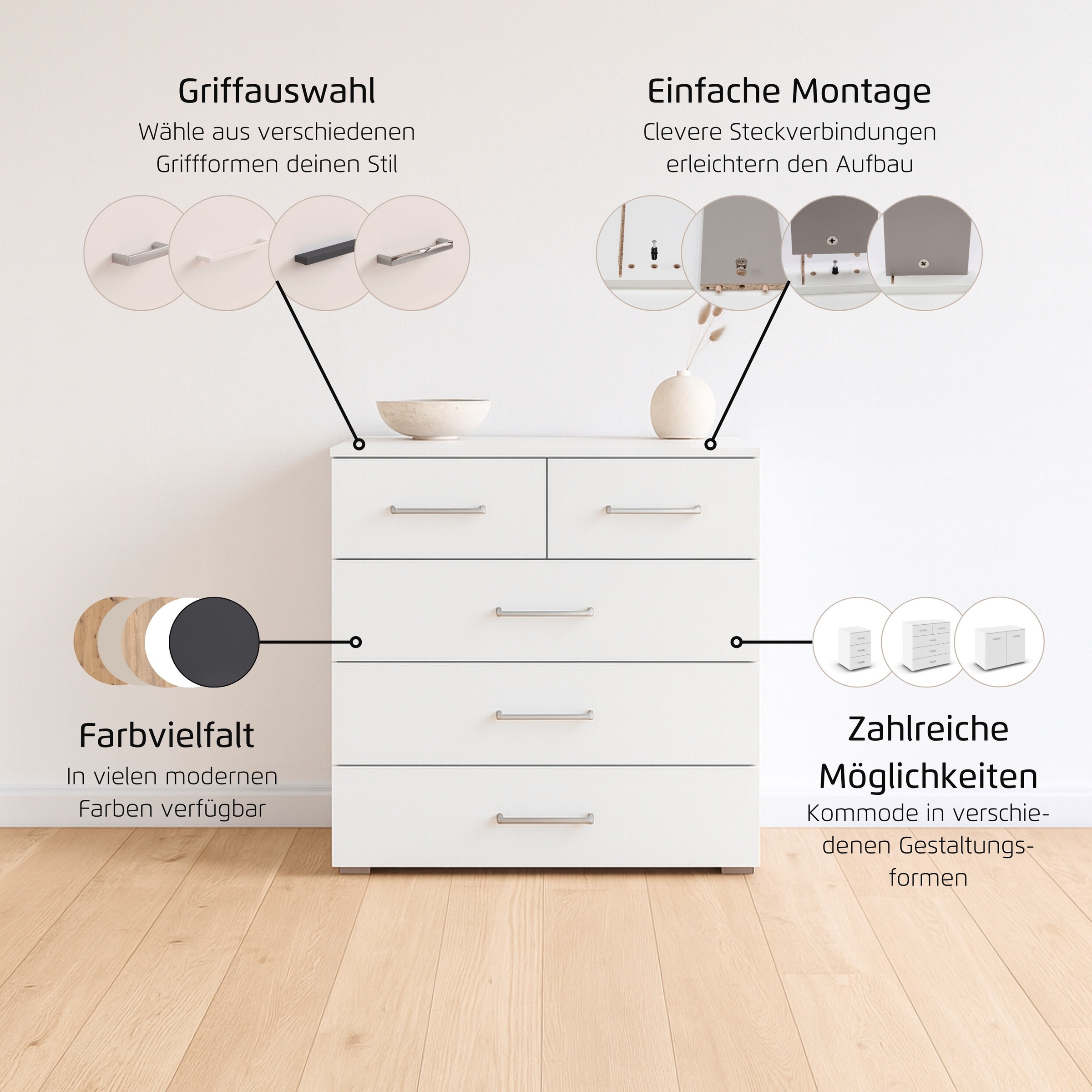 Thumbnail - rauch Kommode "Gamma" Breite 80 cm / Höhe 81 cm, verschiedene Griffvarianten/-Farben, mit fünf geräumigen Schubladen in ...