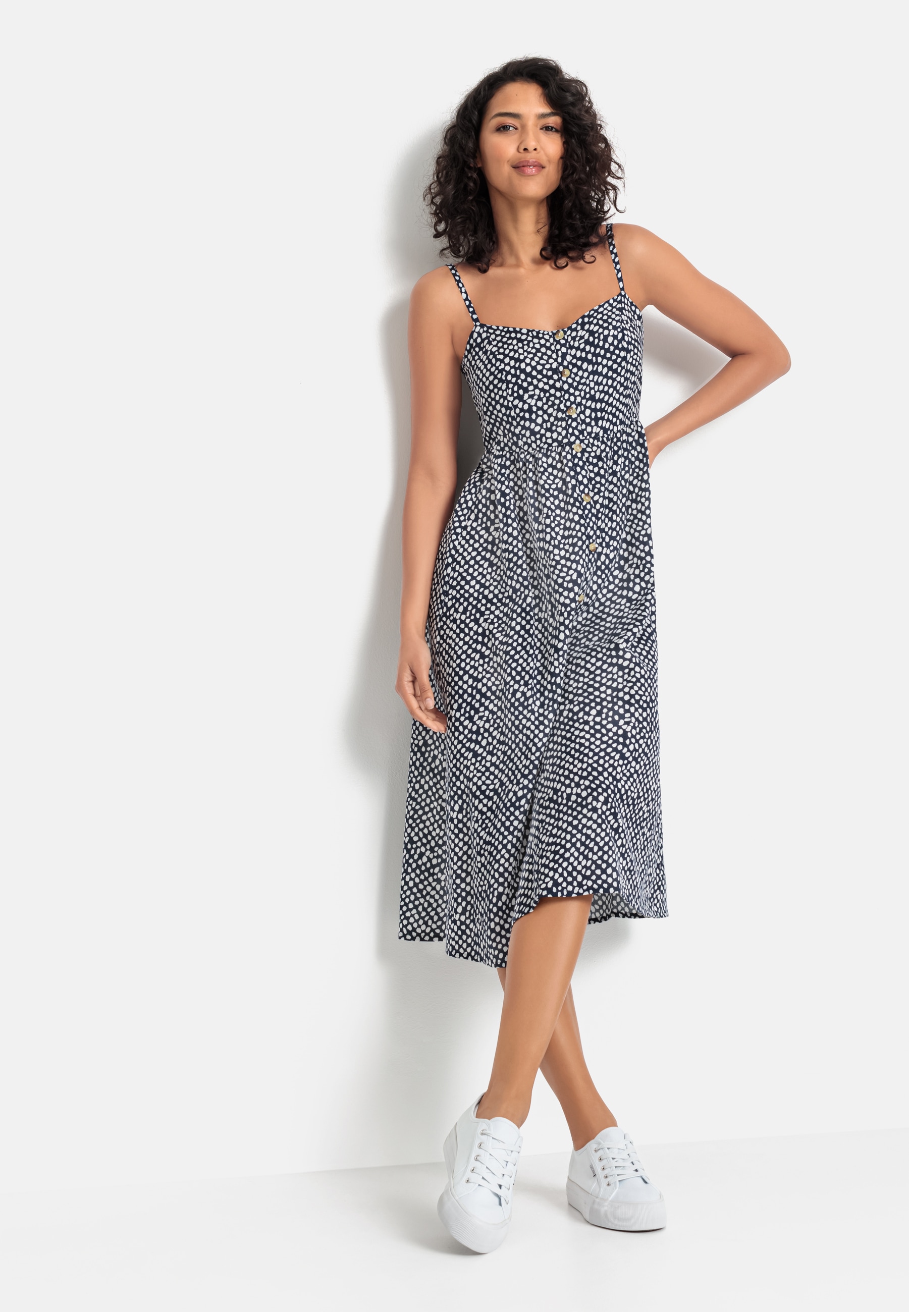 LASCANA Sommerkleid "aus Leinenmix mit Zierknopfleiste mit Pünktchendruck" Ohne Taschen Midikleid, Strandkleid, Webkleid, Leinenkleid