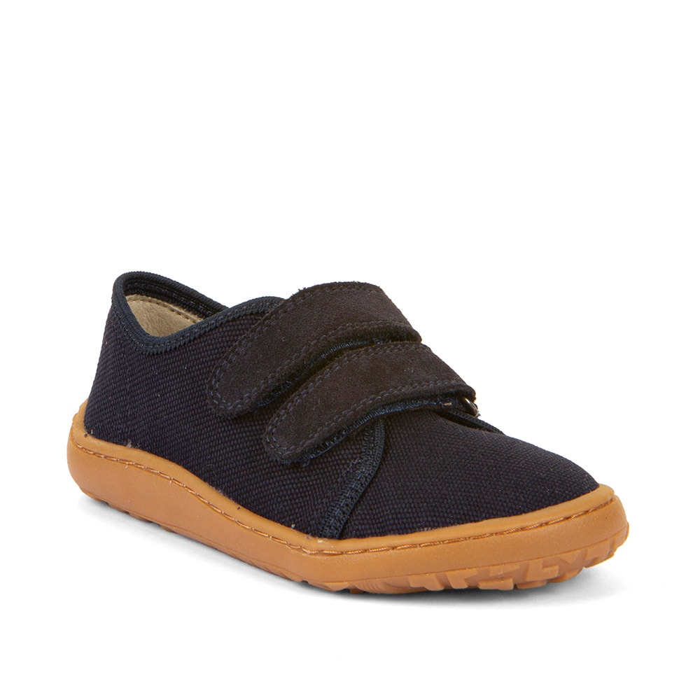 Barfußschuh FRODDO "BAREFOOT CANVAS", Mädchen, Gr. 34, blau (dunkelblau uni), Baumwolle, Veloursleder, unifarben, Schuhe Barfußschuh, Sneaker, Klettschuh mit Baumwollfutter, Klett-Hausschuh, Topseller