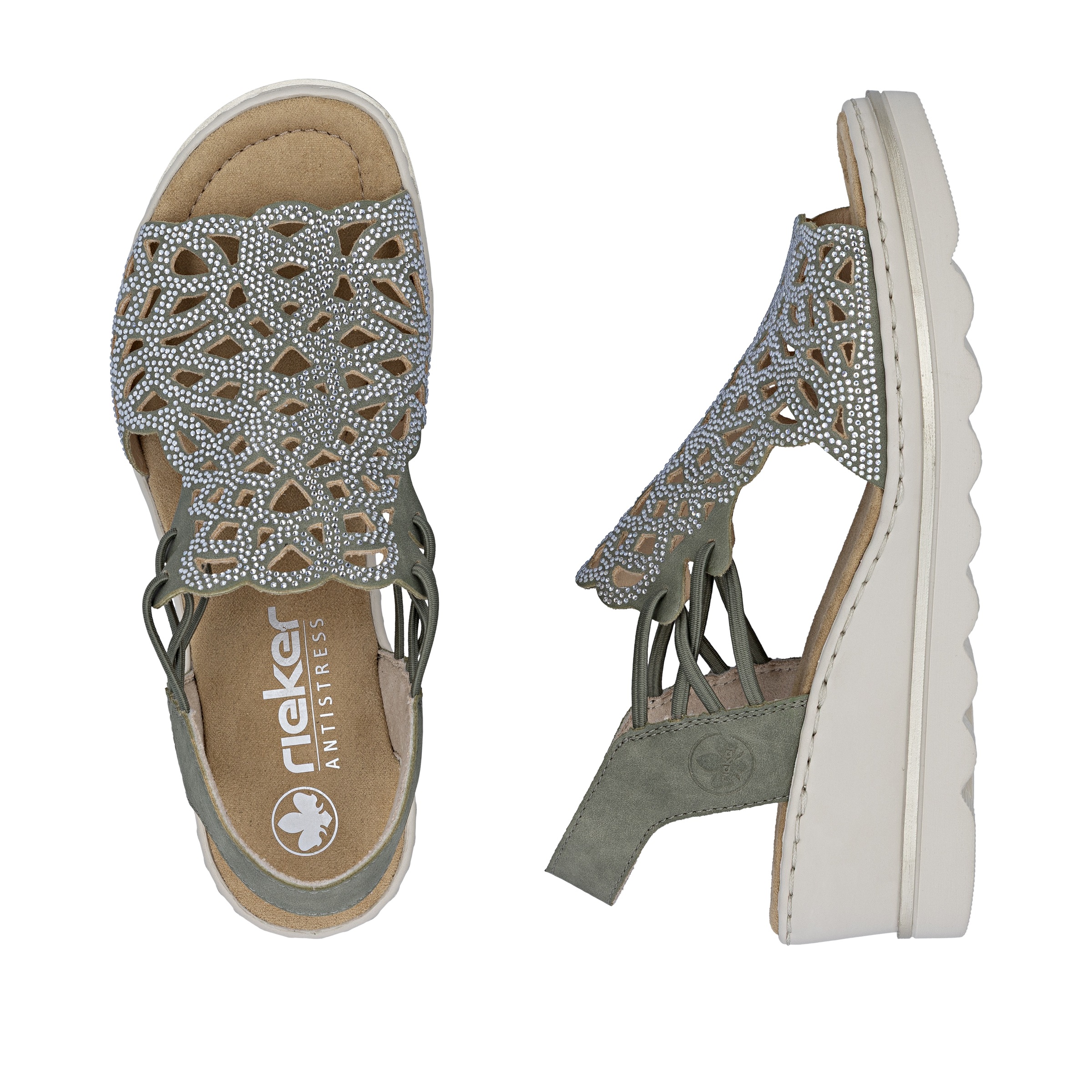 Keilsandalette RIEKER, Damen, Gr. 37, schilf, Nubuklederimitat, unifarben, Schuhe, Sommerschuh, Plateausandale, Schlupfschuh mit Schmucksteinchen 2