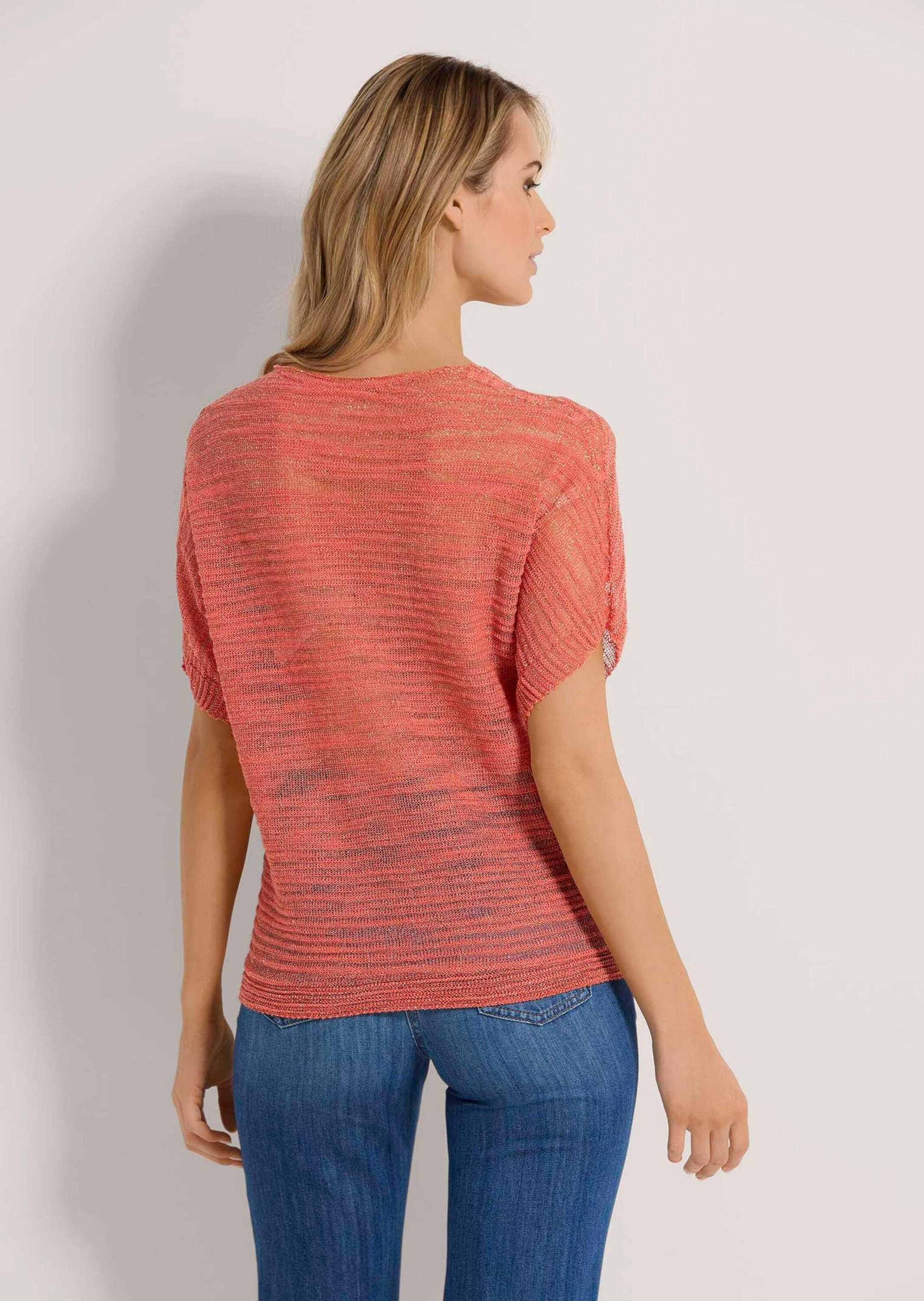 Longpullover MADELEINE "Pullover Halbarm-Pullover mit Glanz-Effekt", Damen, Gr. 44/46, orange (apricot, goldfarben), Obermaterial: 51% Leinen LI. 37% Polyester PES. 10% metallisierte Fasern MTF. 2% Polyamid PA., Modern, normal, Pullover Longpullover 3