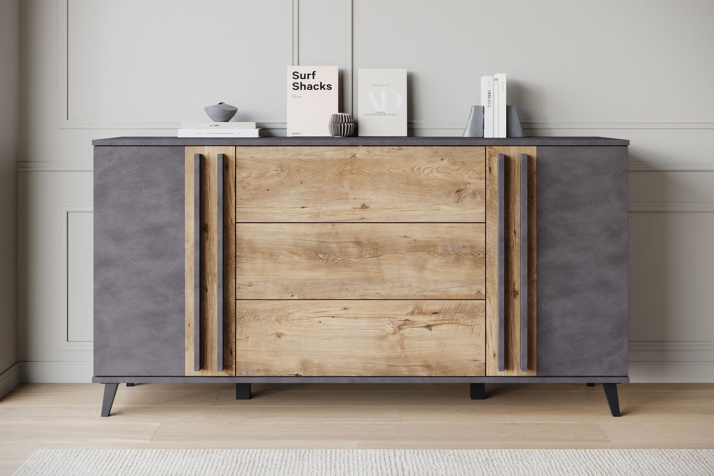 Home affaire Sideboard "Helsinki, Kommode mit 2 Türen und 3 Schubladen, Breite 150 cm" 1 Stk. tlg. Push-to-Open-Schubladen, höhenverstellbare Einlegeböden