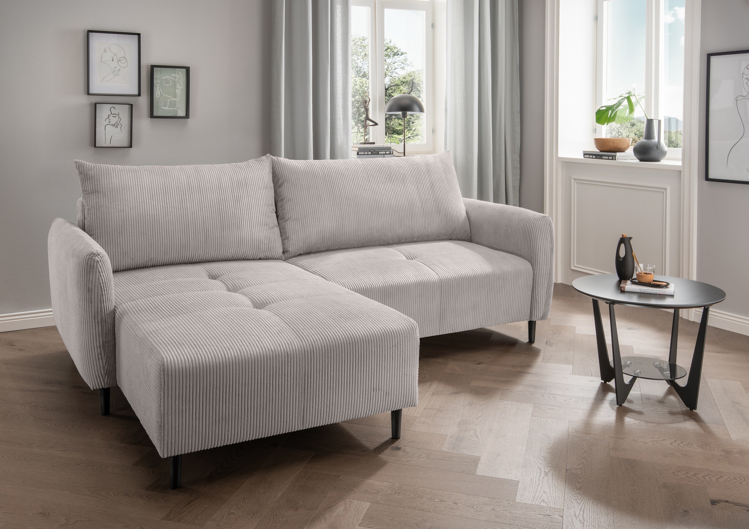 INOSIGN Ecksofa »Mara, L-Form, aktueller Cord Bezug und tolle Farben, schmale Armlehnen«, whlw. mit Bettfunktion,Recamiere links/rechts montierbar, Breite 238cm