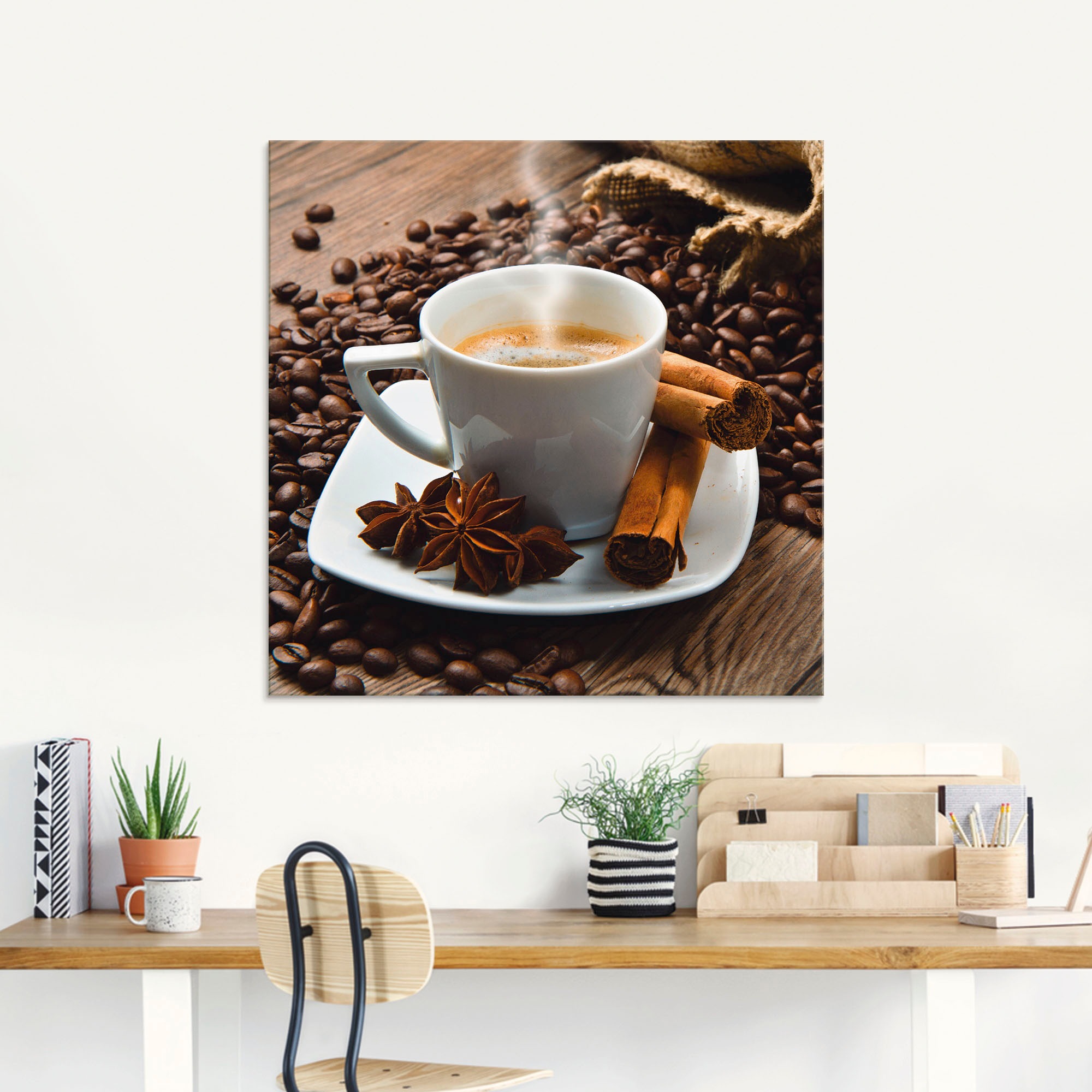 ARTLAND Glasbild Kaffeetasse Leinensack mit Kaffeebohnen Braun 40x40cm 2